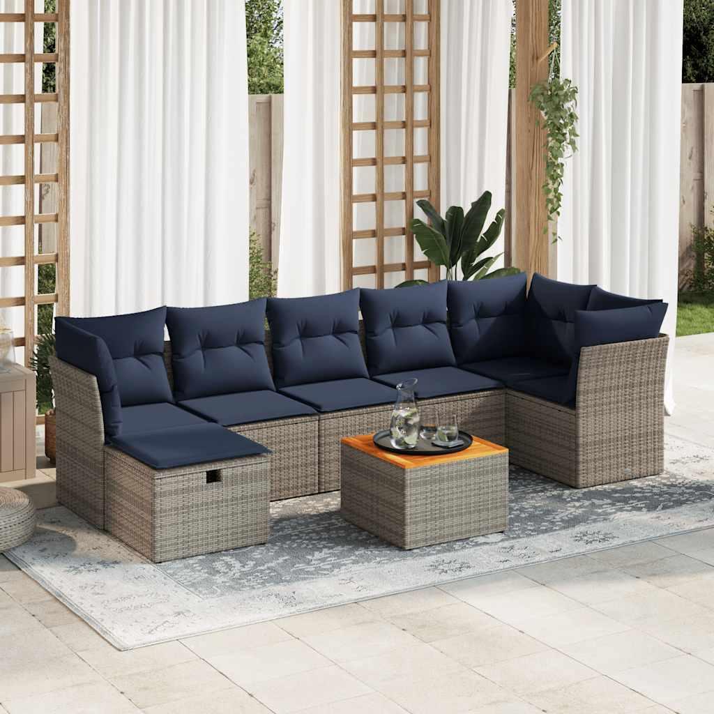 Sofasæt til haven - 8 dele i grå polyrattan med marineblå hynder