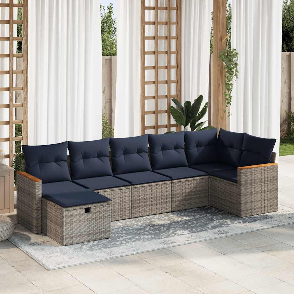 Havesofasæt i polyrattan - 7 dele med opbevaring, grå/marineblå