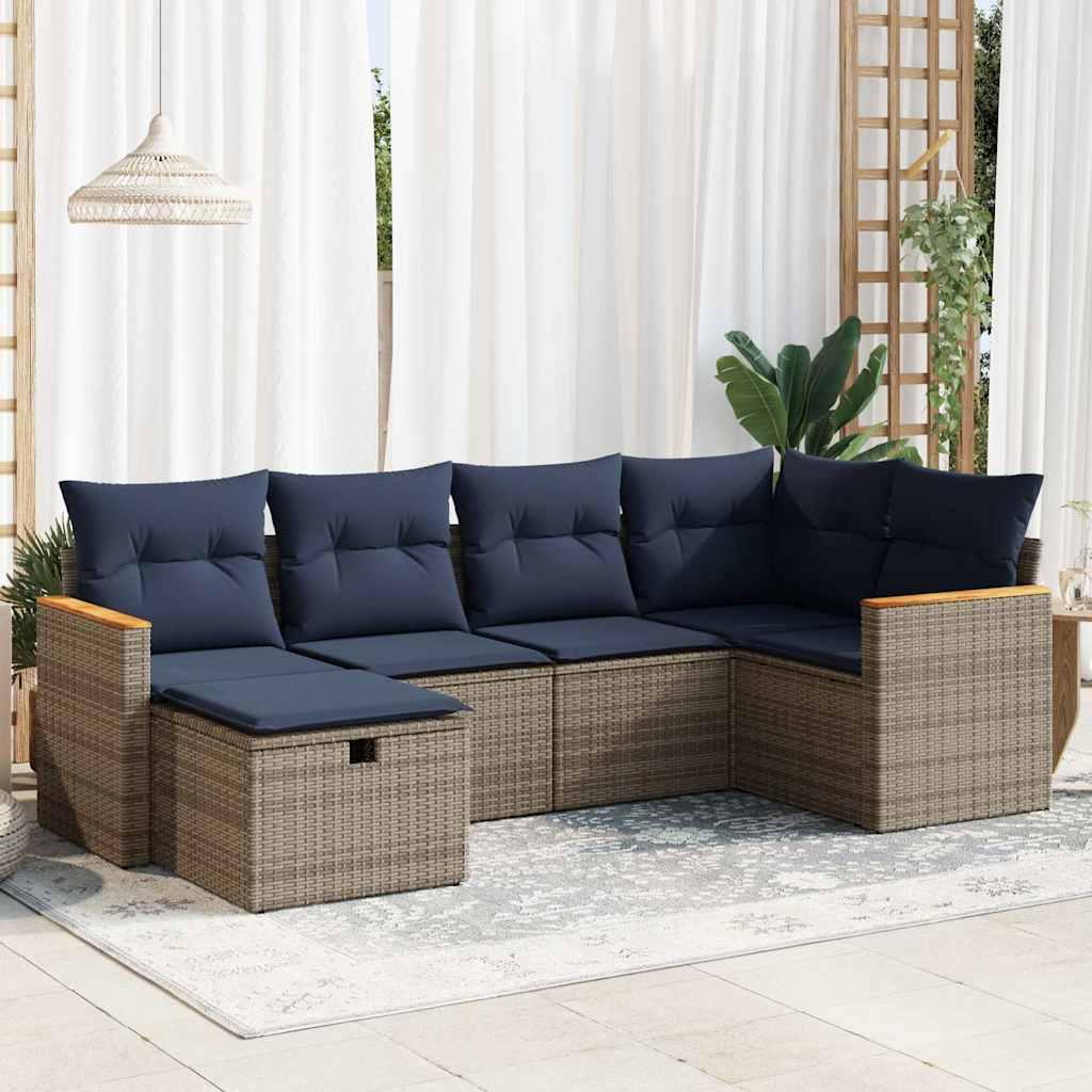 Havesofasæt i polyrattan - 6 dele med opbevaring, grå/marineblå