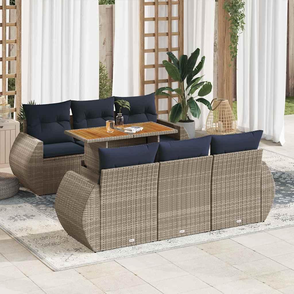 Havesofasæt i polyrattan, 7 dele med hynder - grå/marineblå