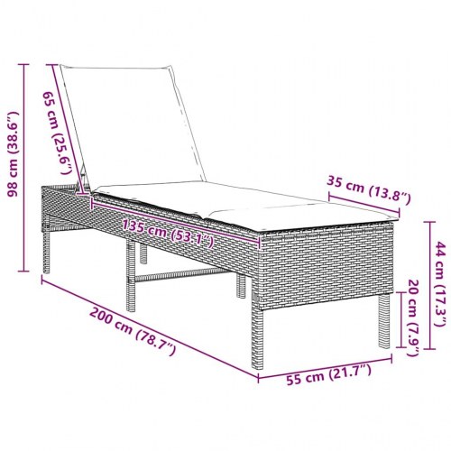 Liggestol med hynde 55x200x44 cm polyrattan lysegrå