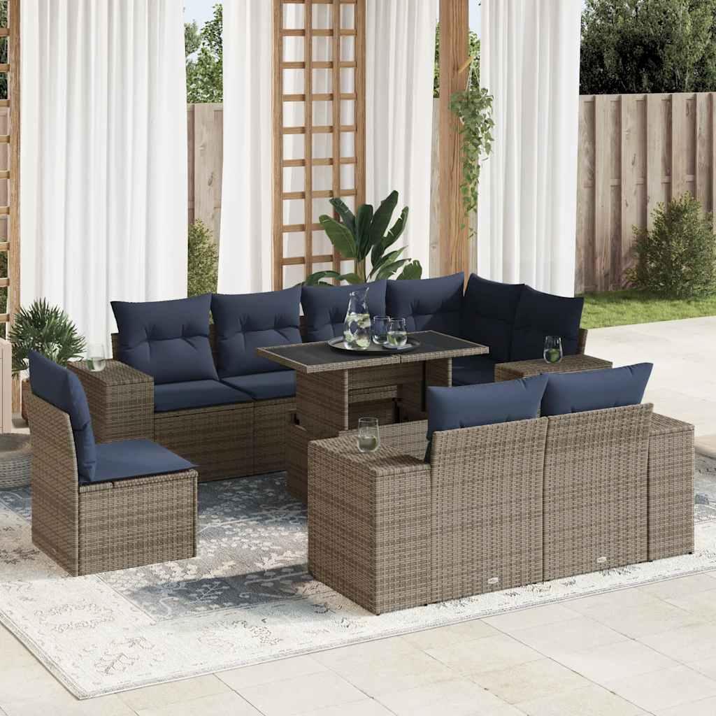 Sofasæt til haven 9 dele med hynder polyrattan akacietræ grå