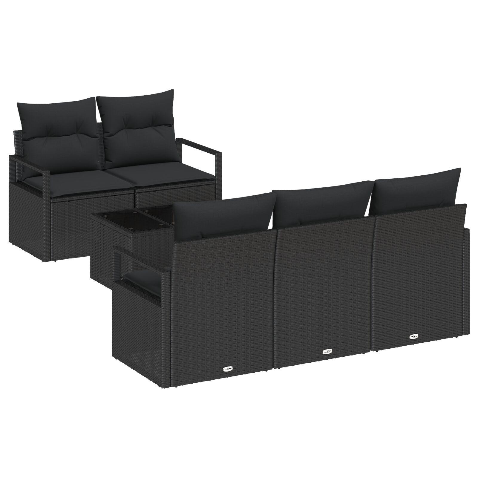 Havesofa Sæt med pude 6 stk Sort Polyrattan og stål og glas