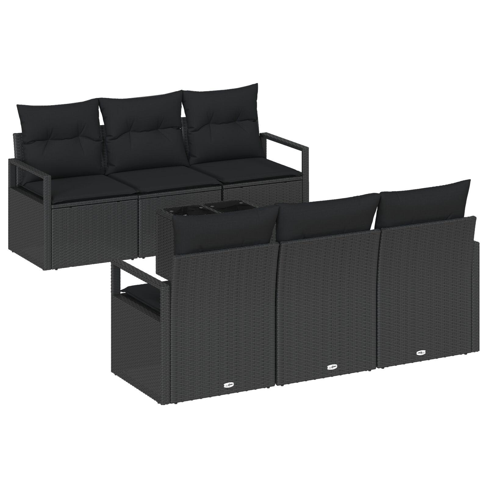 Havesofa Sæt med pude 7 stk Sort Polyrattan og stål og glas