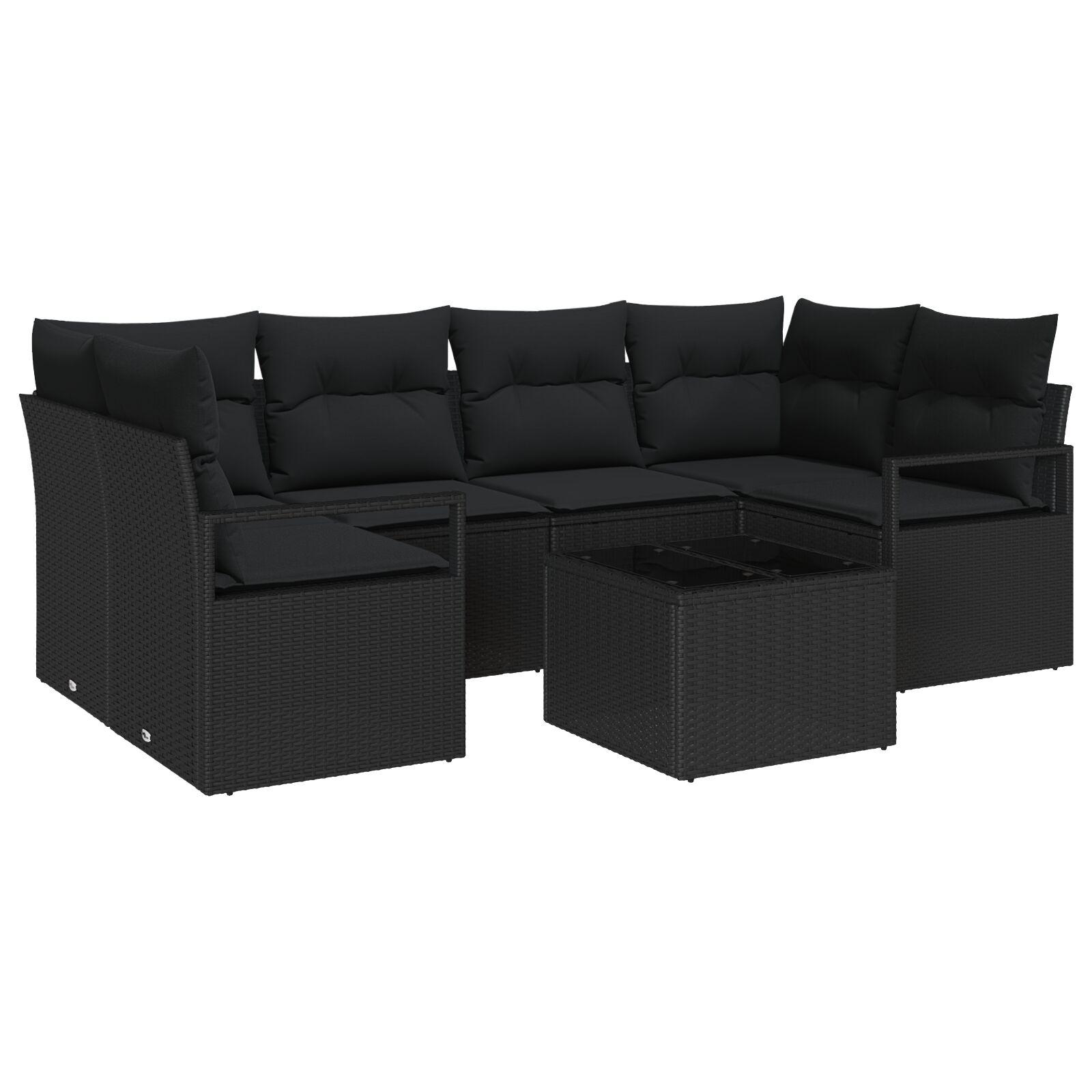 Havesofa Sæt med pude 7 stk Sort Polyrattan og stål og glas