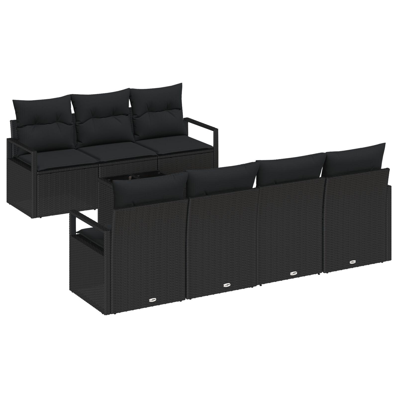 Havesofa Sæt med pude 8 stk Sort Polyrattan og stål og glas