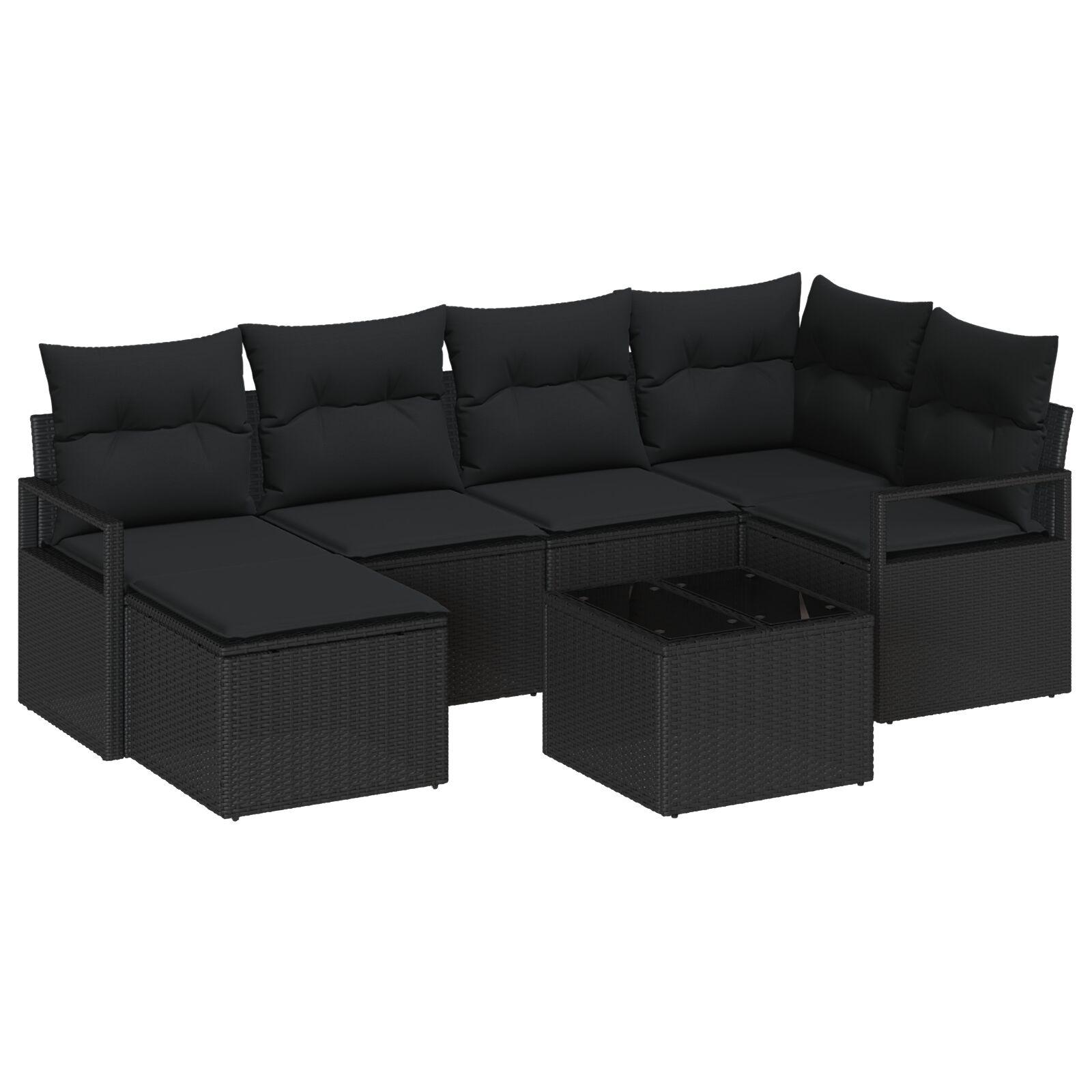 Havesofa Sæt 7 stk Sort Poly Rattan og pulverlakeret stål