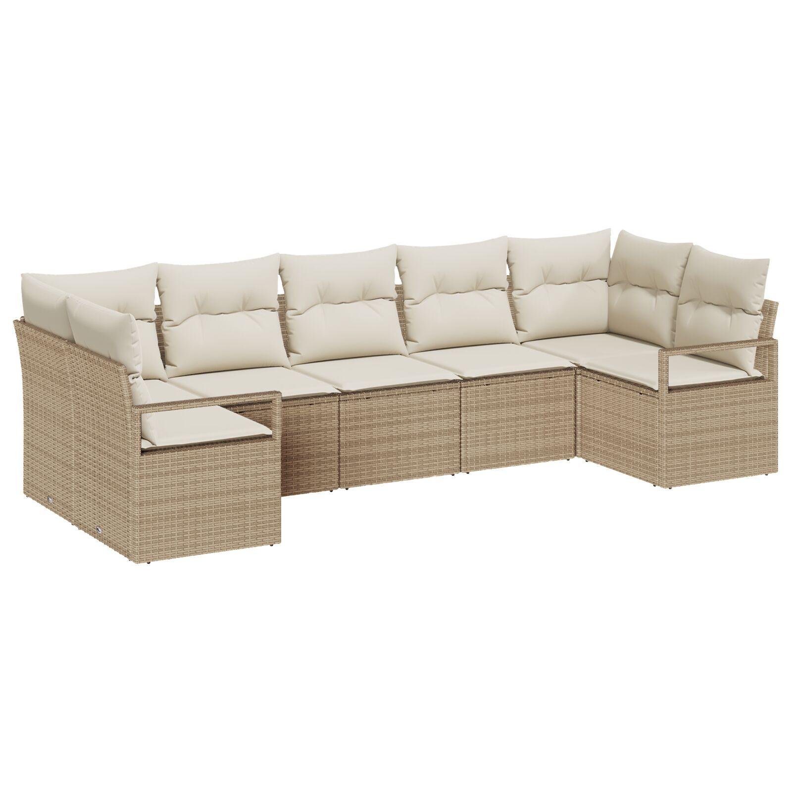 7-delt have sofa sæt med puder Beige Poly Rattan, 2-personers have sofa med opbevaring & puder Beige Poly Rattan