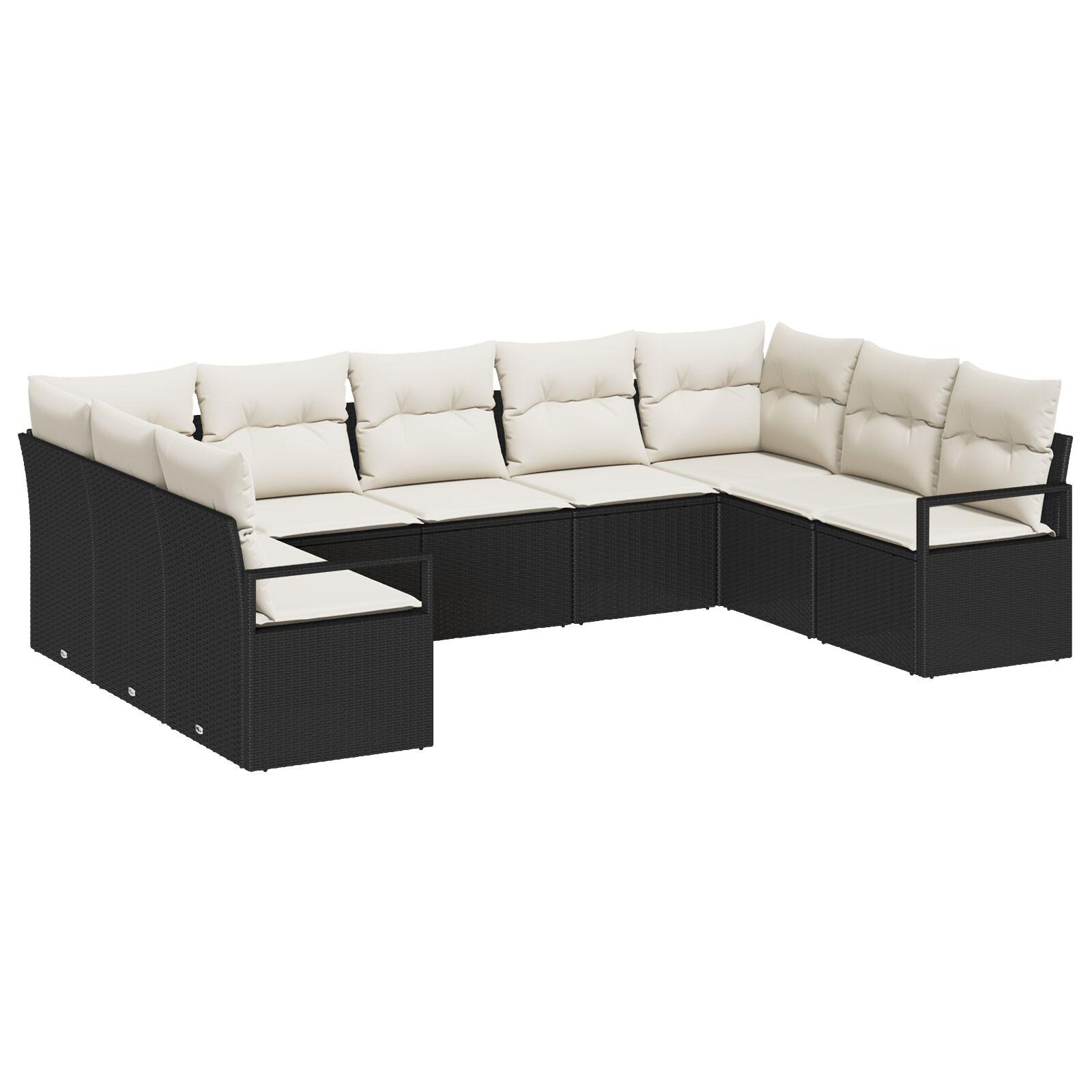 9-delt havemøbel sæt med puder sort poly rattan, 2-personers havemøbel sofa med opbevaring & puder sort poly rattan