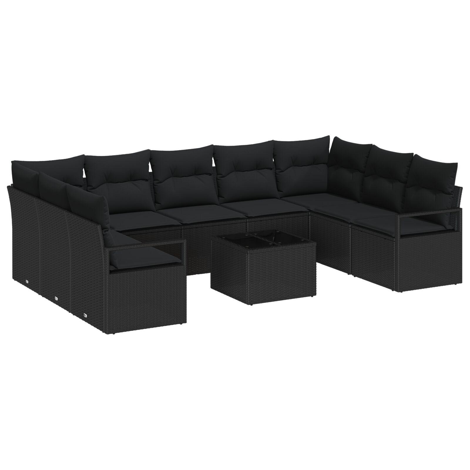 Havesofa Sæt 10 stk Sort Poly Rattan og pulverlakeret stål