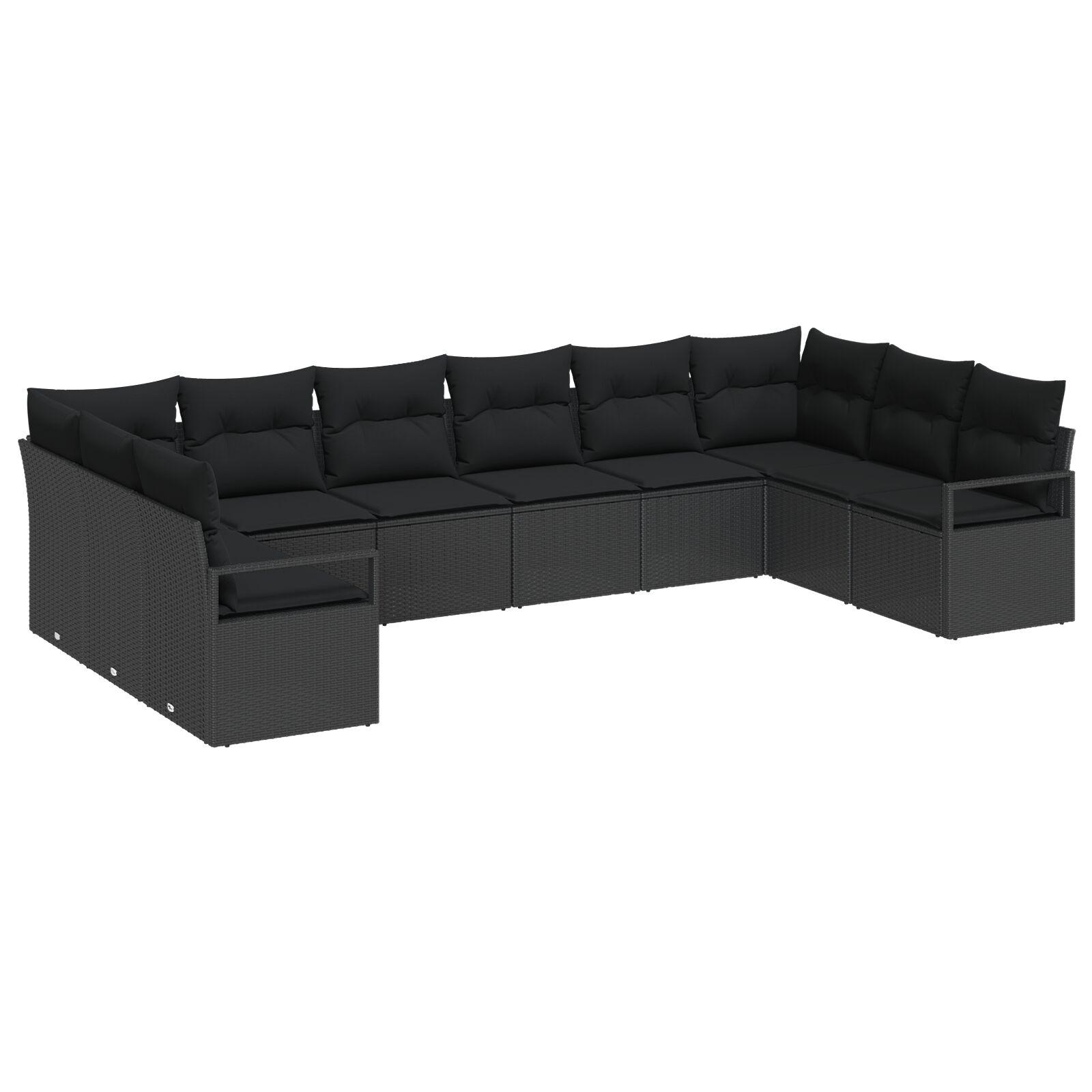 Havesofa Sæt 10 stk Sort Poly Rattan og pulverlakeret stål