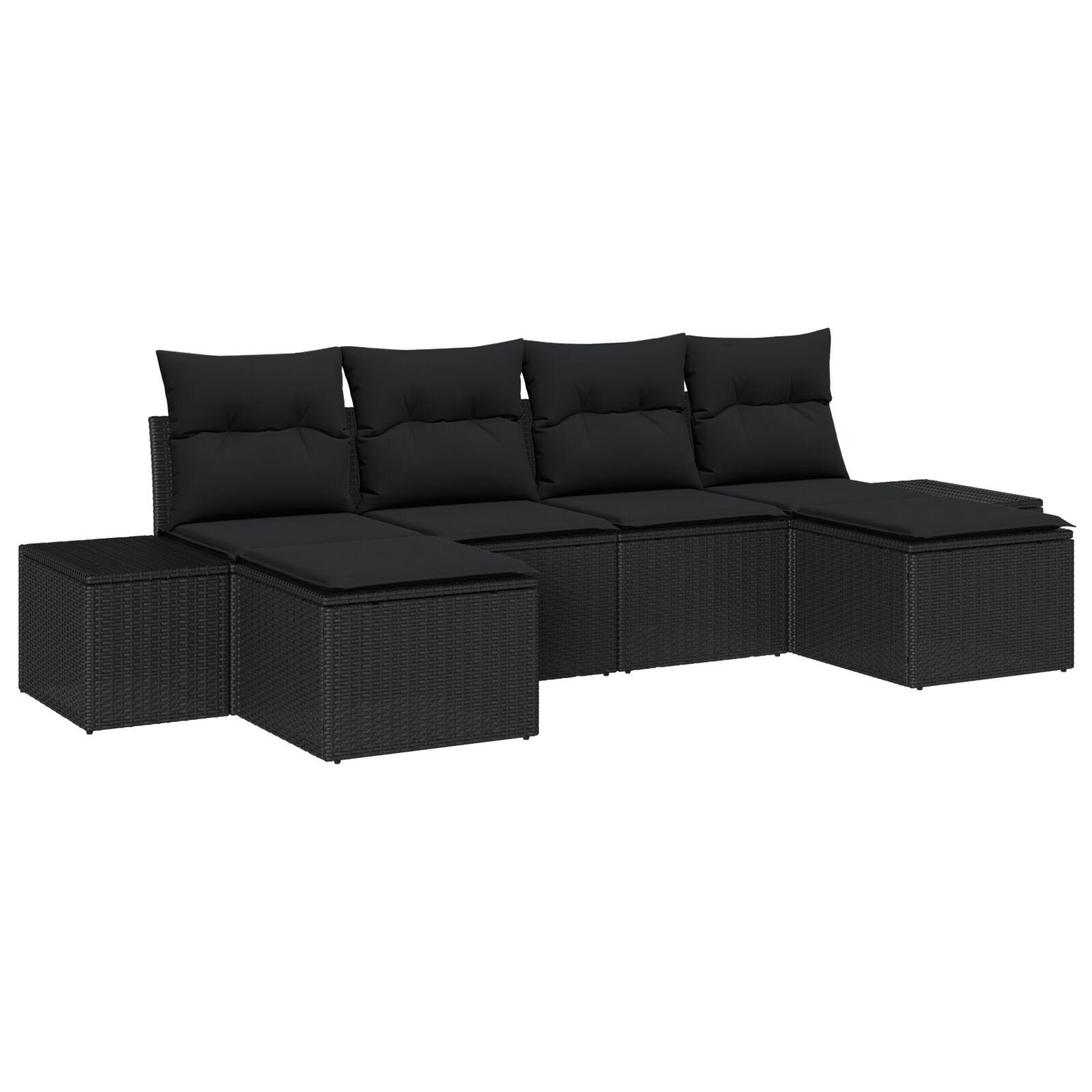 Havesofa Sæt med pude 6 stk Sort 184 x 62 x 85 cm Poly rattan