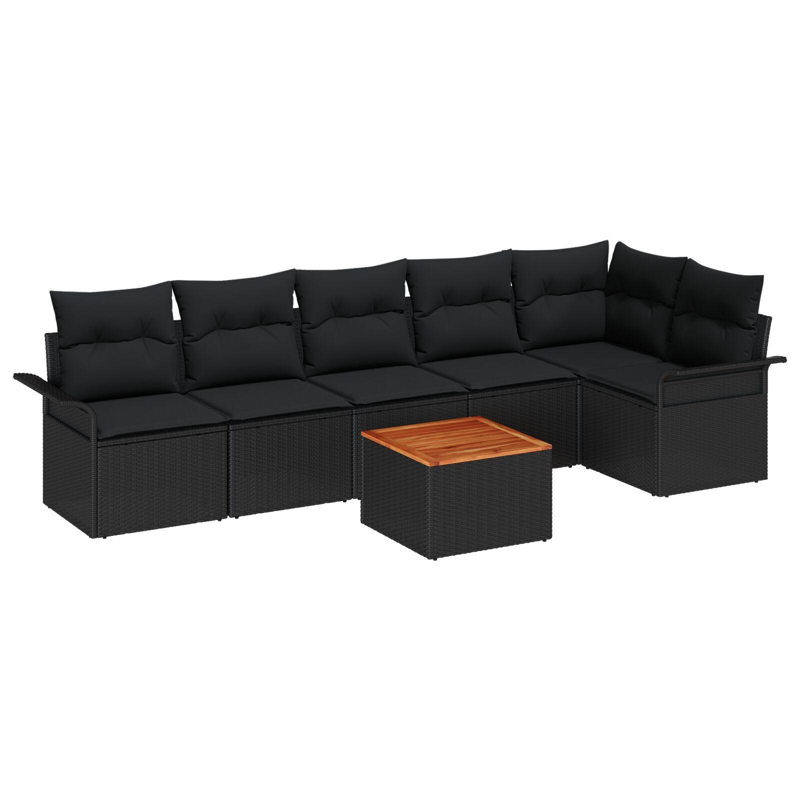 Havesofa Sæt 7 stk Sort Polyrattan, stål og massivt akacietræ