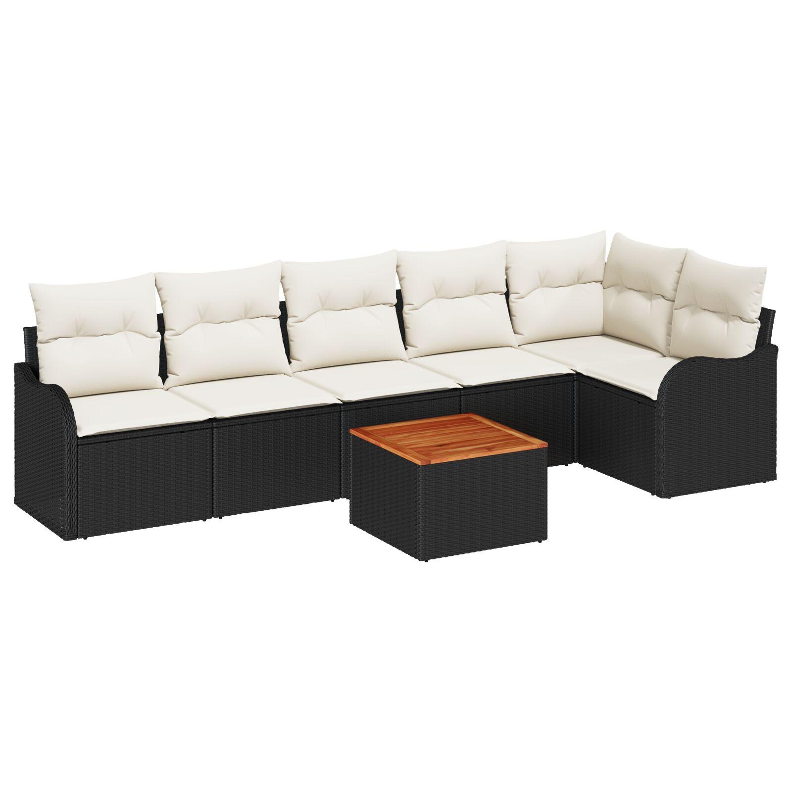 Havesofa sæt med opbevaring, 7 dele - sort/cream polyrattan og akacietræ