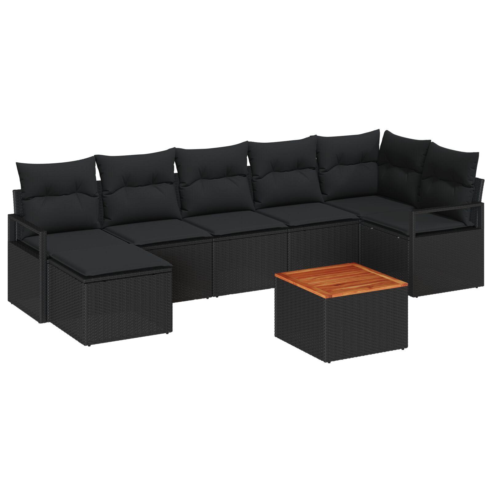 8 Personers Have Sofa Sæt med Puder Sort Poly Rattan Akacietræ, 2-personers Have Sofa med Opbevaring & Puder Sort Poly Rattan