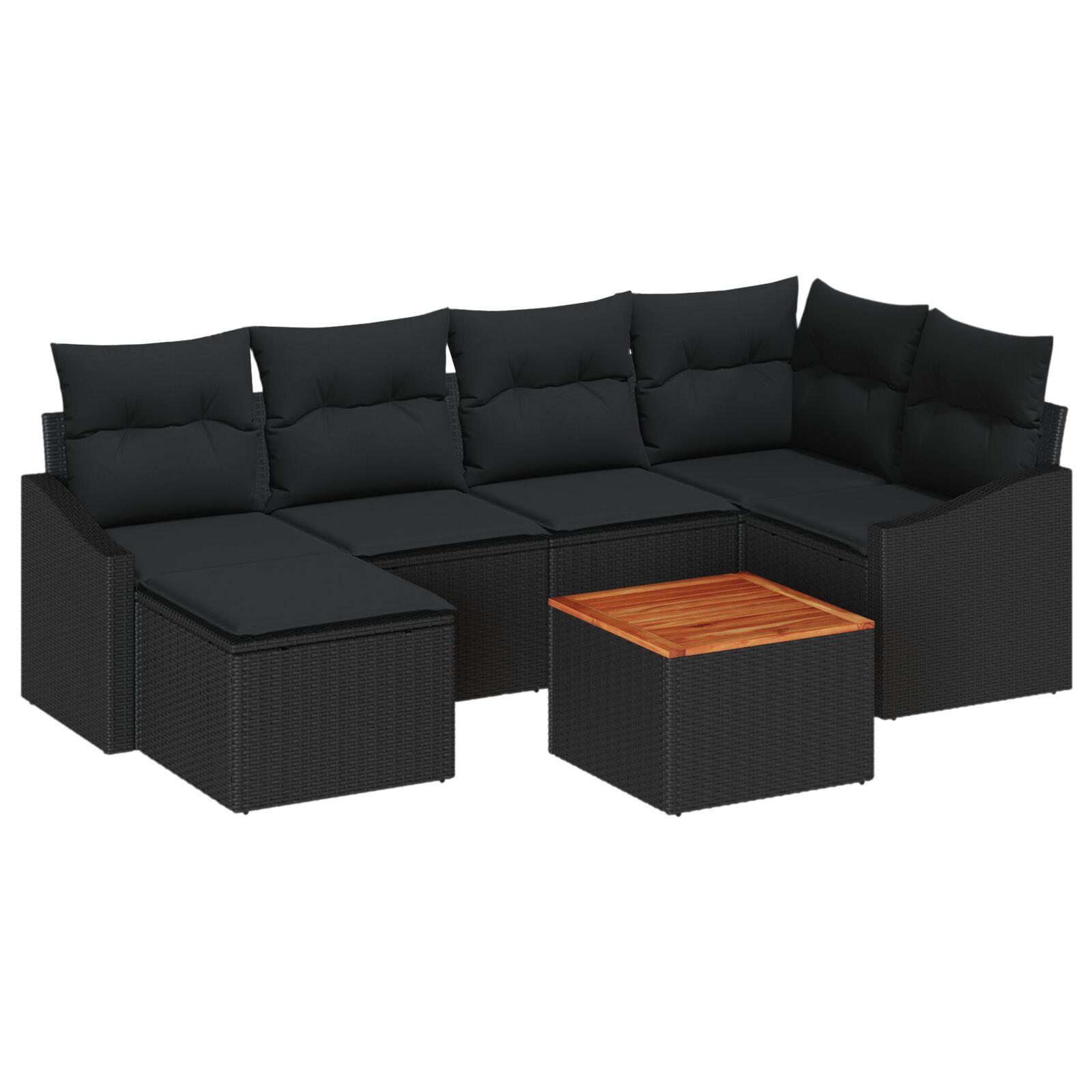 Modulært havesofa-sæt med opbevaring, 7 dele - sort polyrattan og akacietræ