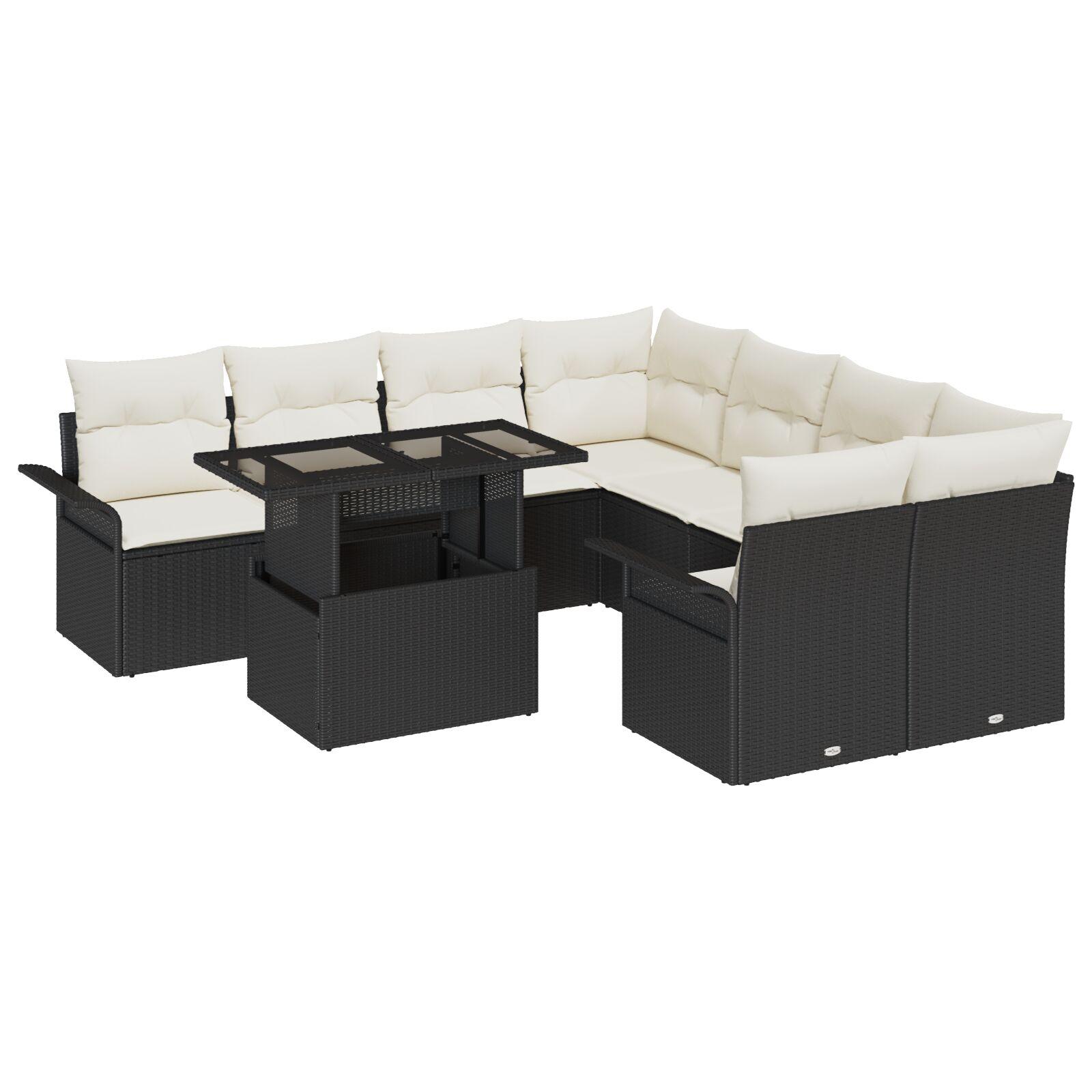 Havesofa SÃ¦t med pude med opbevaring 9 stk Sort Poly rattan