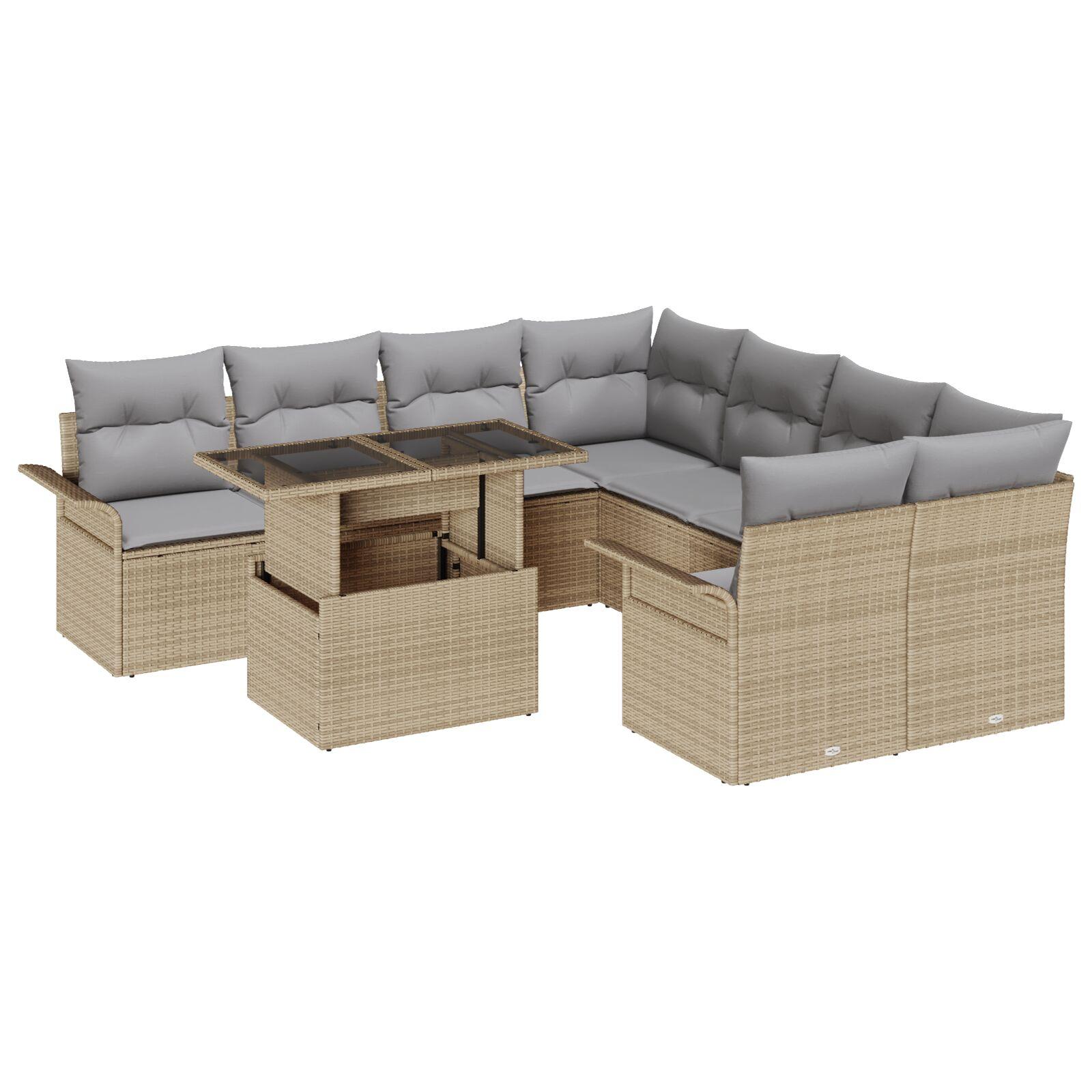 Havesofa Sæt med pude med opbevaring 9 stk Beige Poly rattan