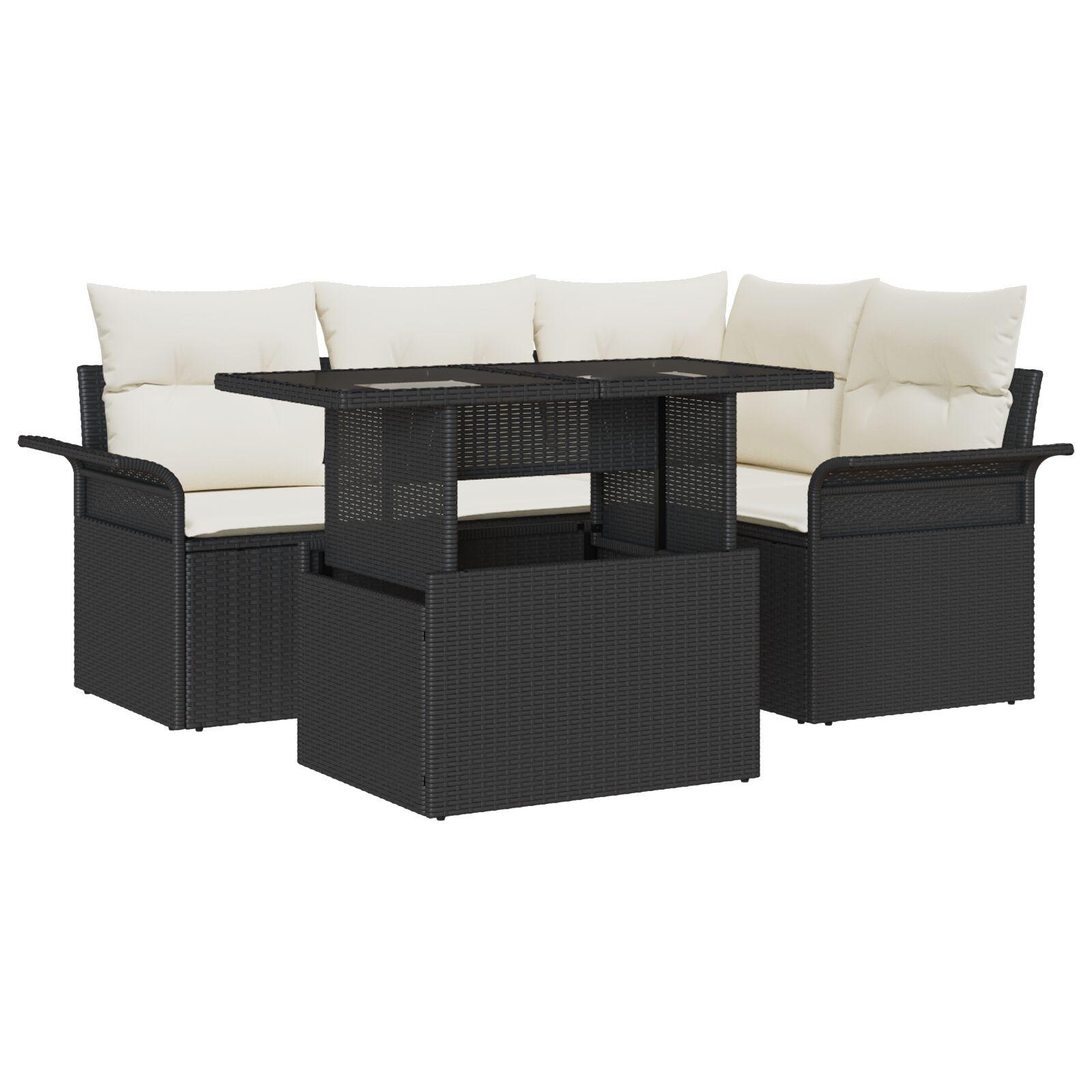 Havesofa SÃ¦t med pude med opbevaring 5 stk Sort Poly rattan
