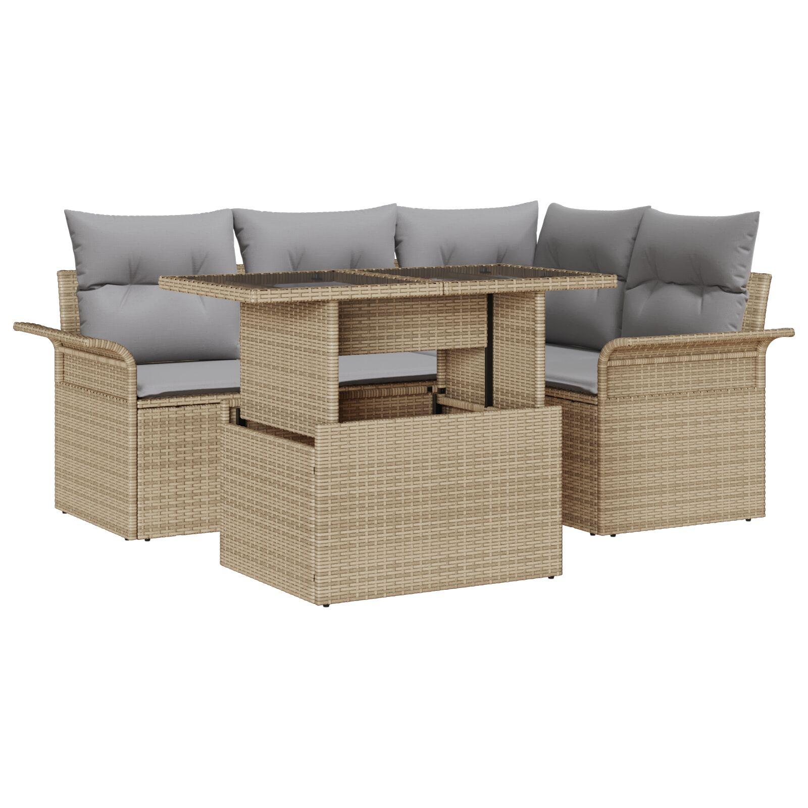 Modulært havesofa-sæt med bord og puder - 5 dele, beige polyrattan
