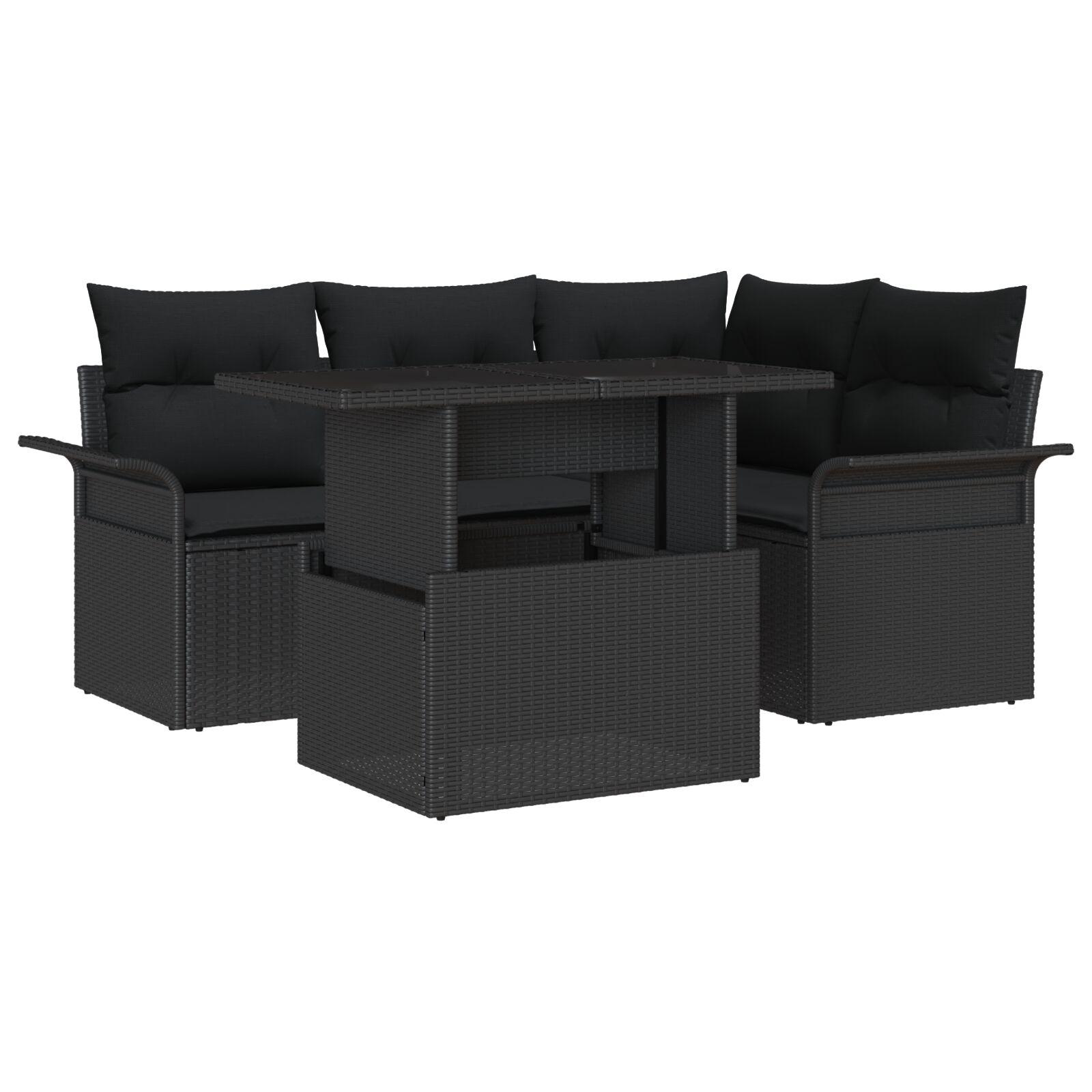 Havesofa SÃ¦t med pude med opbevaring 5 stk Sort Poly rattan