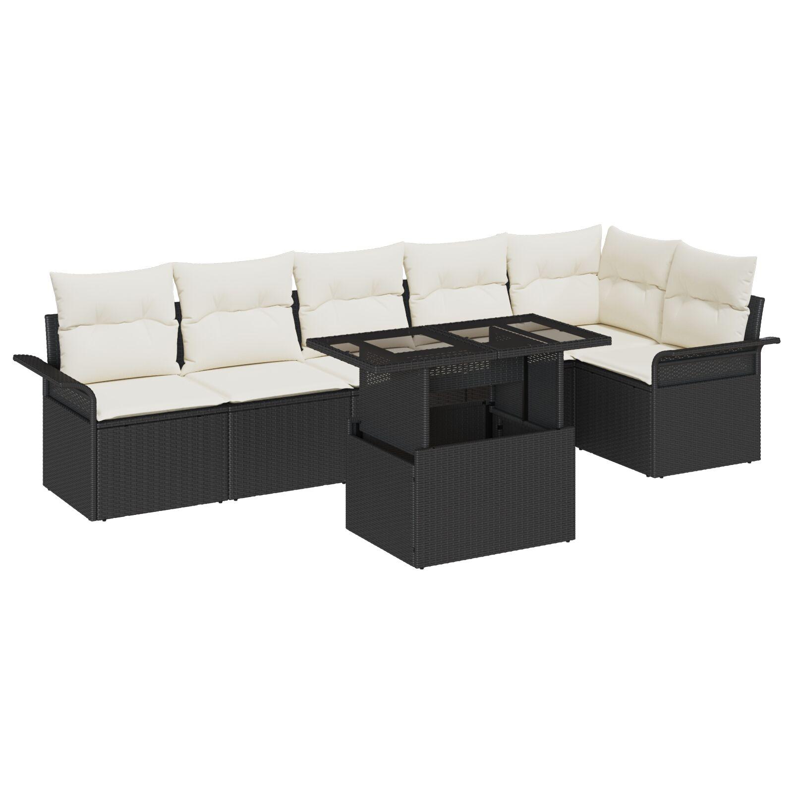 Havesofa SÃ¦t med pude med opbevaring 7 stk Sort Poly rattan