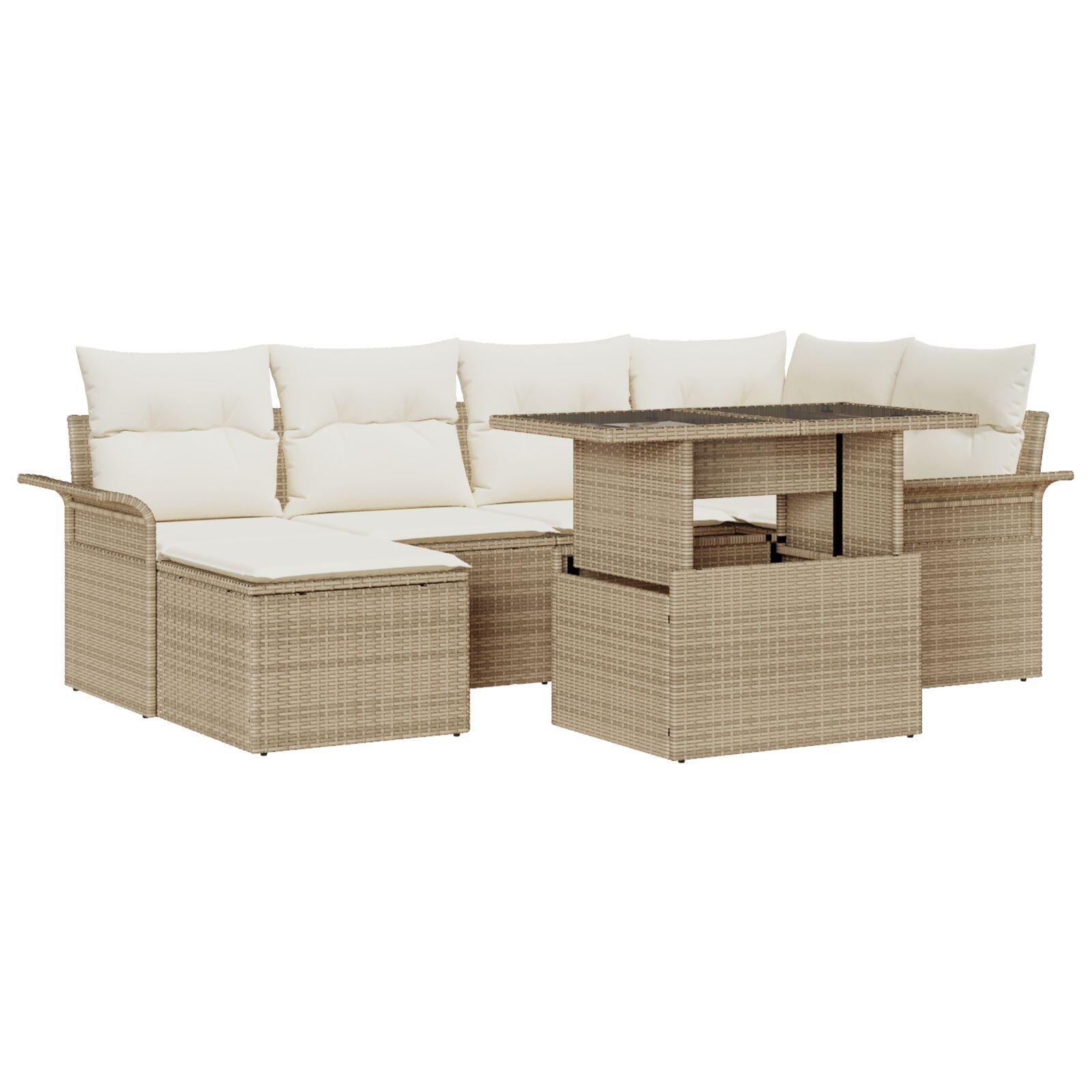 7 Stykke Have Sofa Sæt Med Pudebetræk Beige Poly Rattan 2 Sæders Have Sofa Med Opbevaring&pudebetræk Beige Poly Rattan