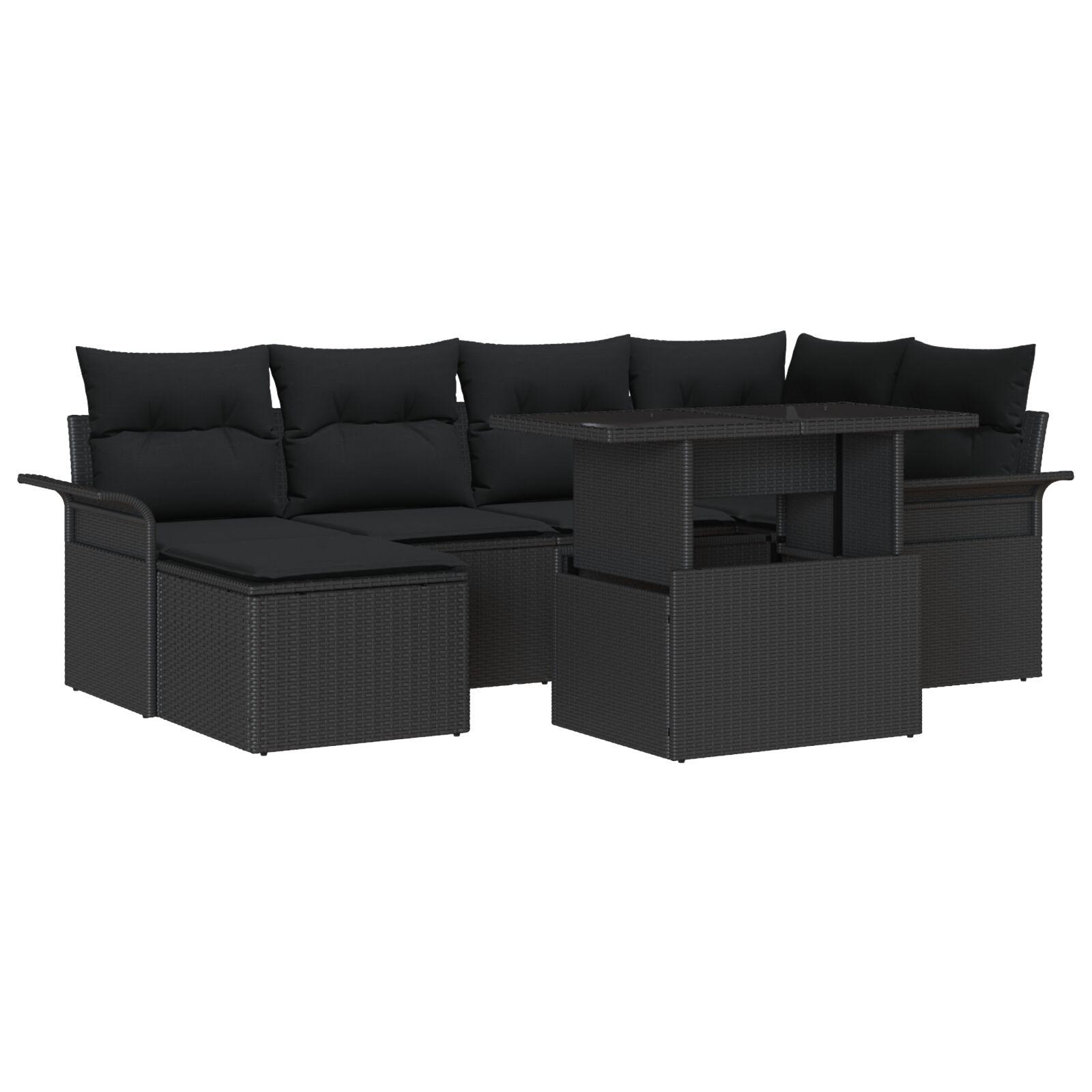 Havesofa Sæt med pude med opbevaring 7 stk Sort Poly rattan