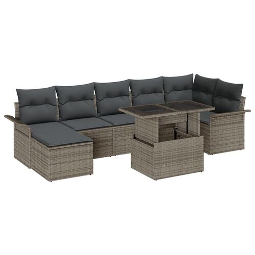 8 Stykker Havensofa Sæt med Puder Grå Poly Rattan, 2-personers Havensofa med Opbevaring & Puder Grå Poly Rattan