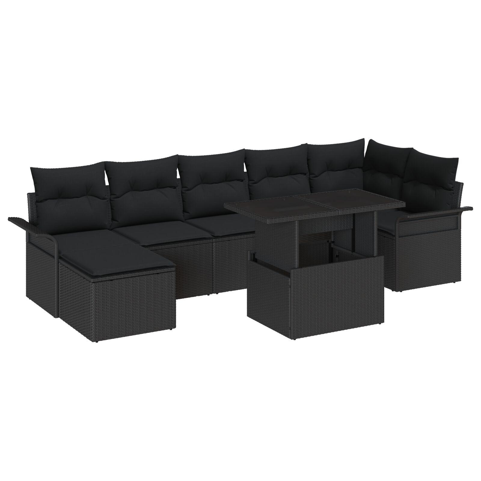 Havesofa Sæt med pude med opbevaring 8 stk Sort Poly rattan