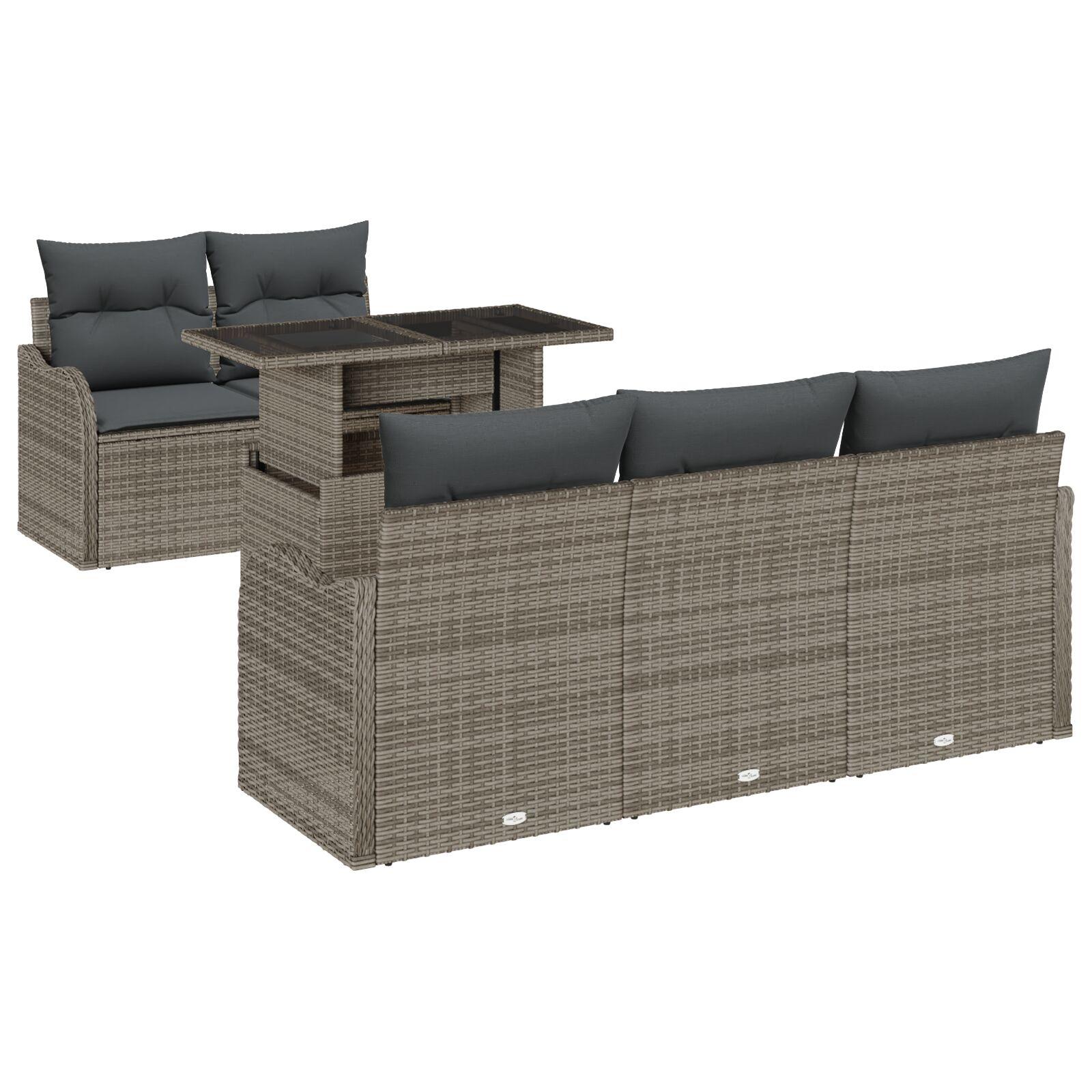 6 Delt Have Sofa Sæt med Puder Grå Poly Rattan, 2-personers Have Sofa med Opbevaring & Puder Grå Poly Rattan