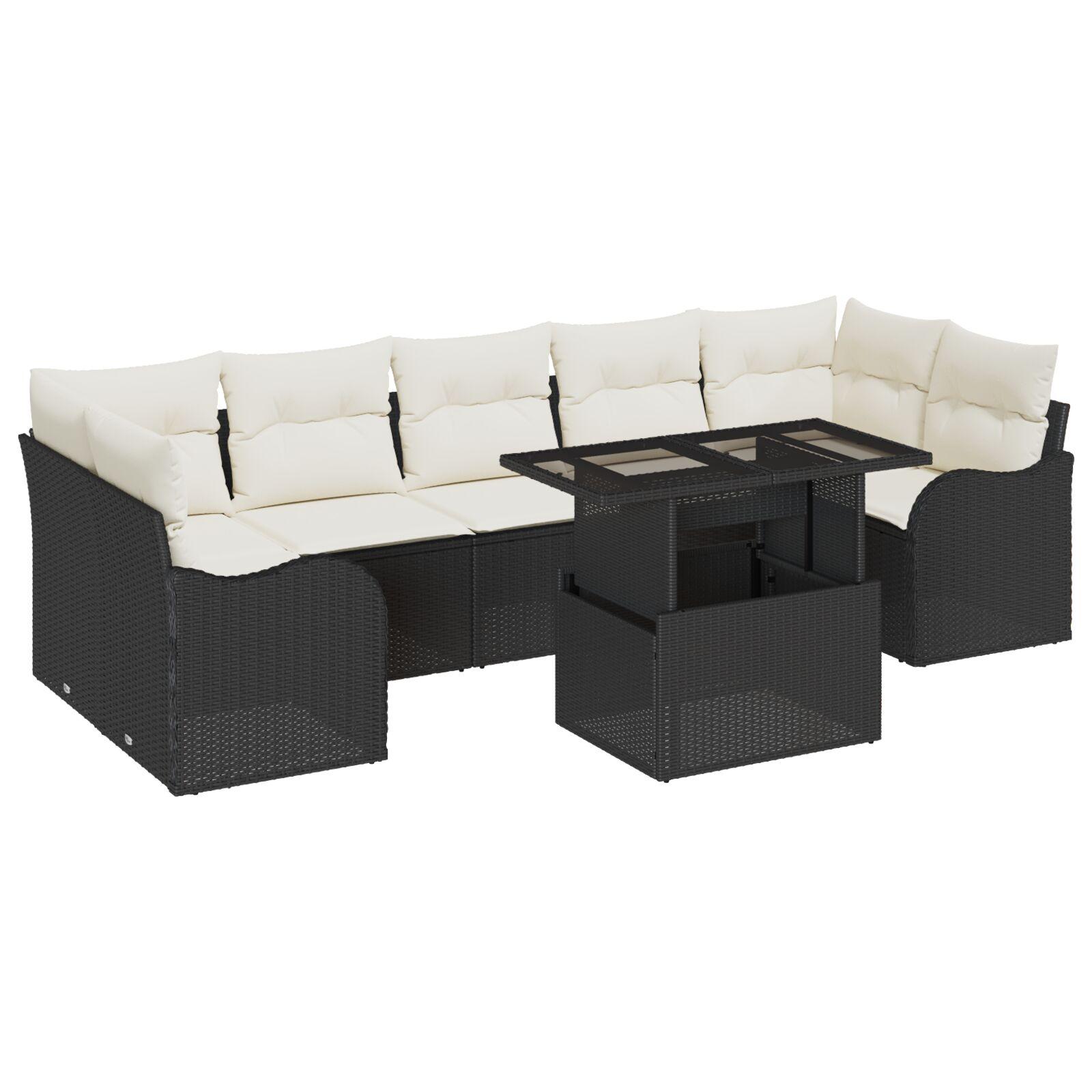 Havesofa Sæt med pude med opbevaring 8 stk Sort Poly rattan