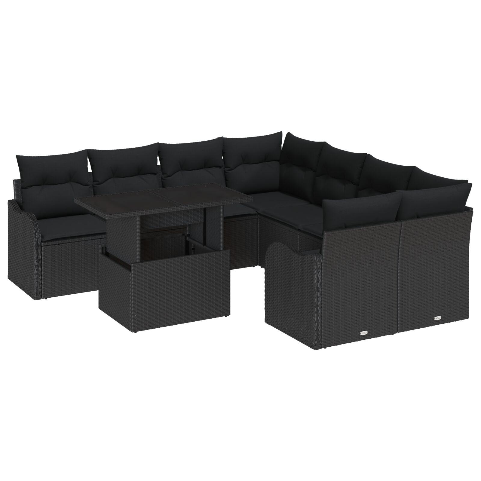 Havesofa Sæt med pude 9 stk Sort 100 x 55 x 73 cm Poly rattan