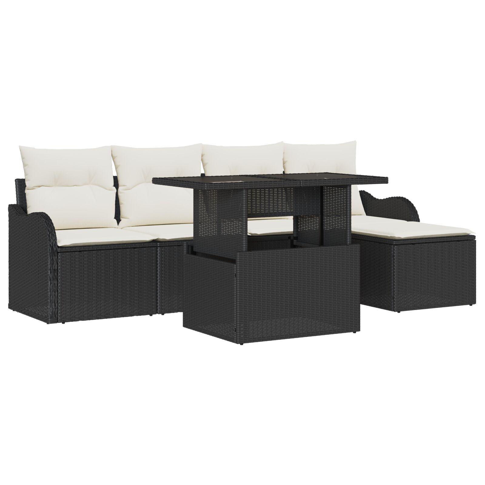 Havesofa Sæt med pude med opbevaring 6 stk Sort Poly rattan