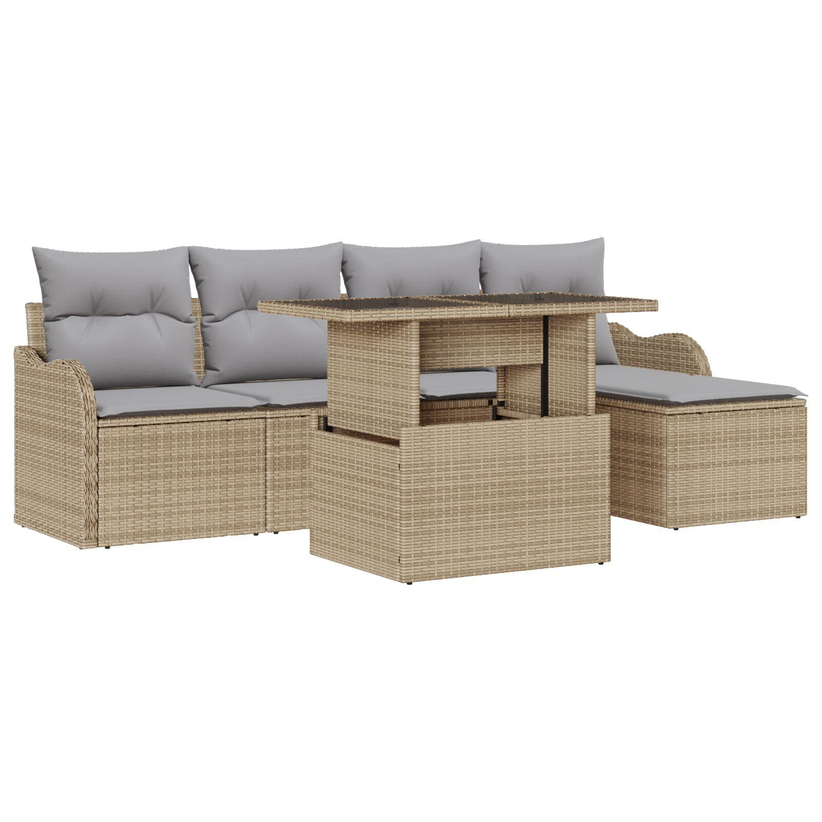 Havesofa Sæt med pude med opbevaring 6 stk Beige Poly rattan