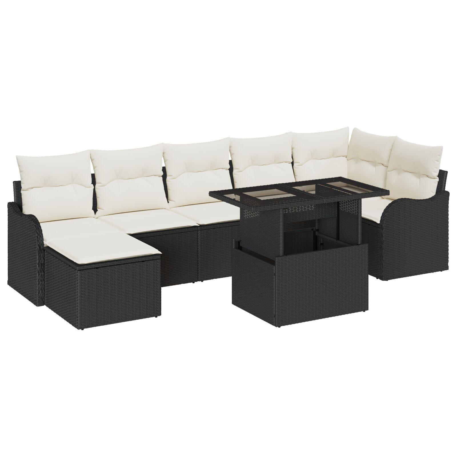 Havesofa Sæt med pude med opbevaring 8 stk Sort Poly rattan