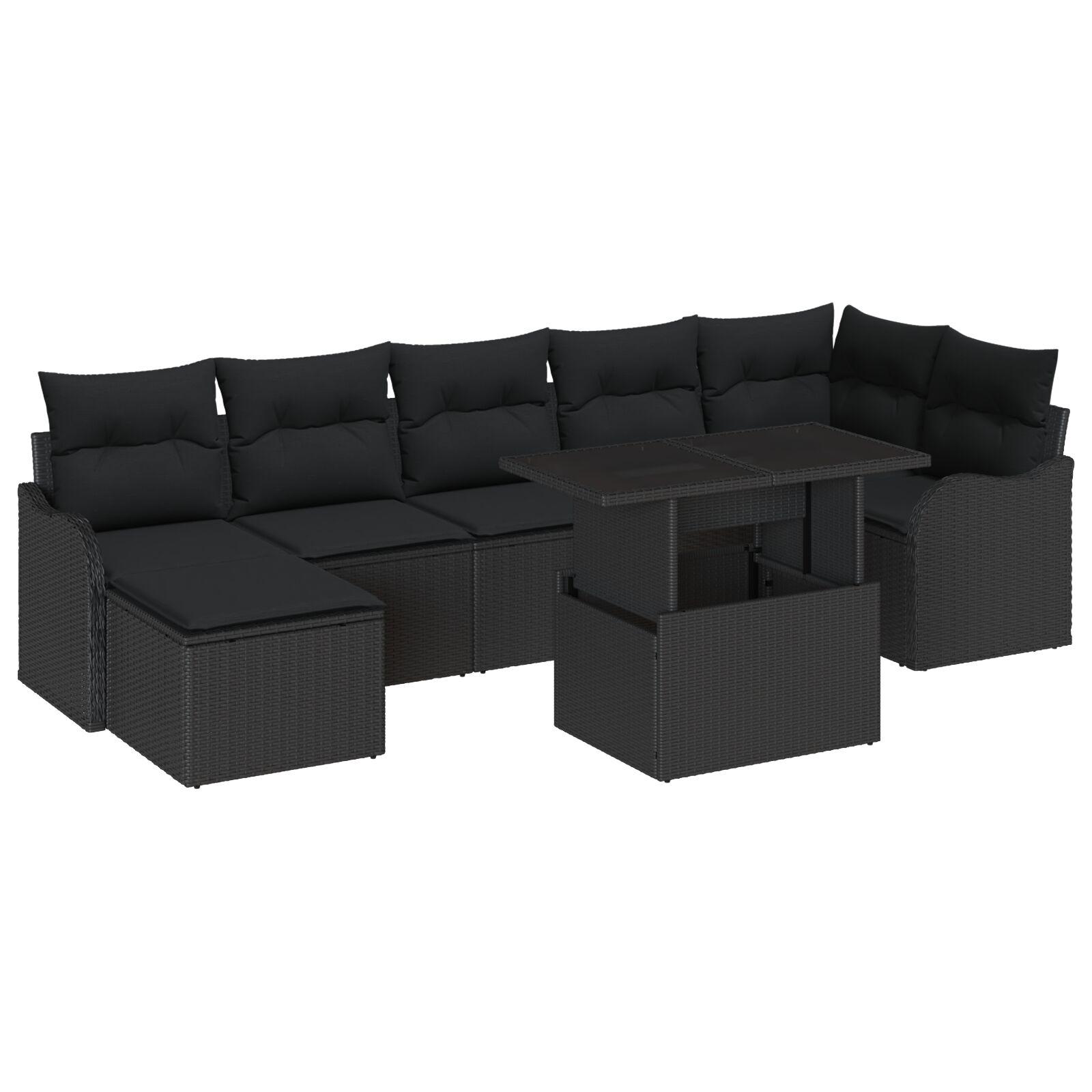 Havesofa Sæt med pude med opbevaring 8 stk Sort Poly rattan