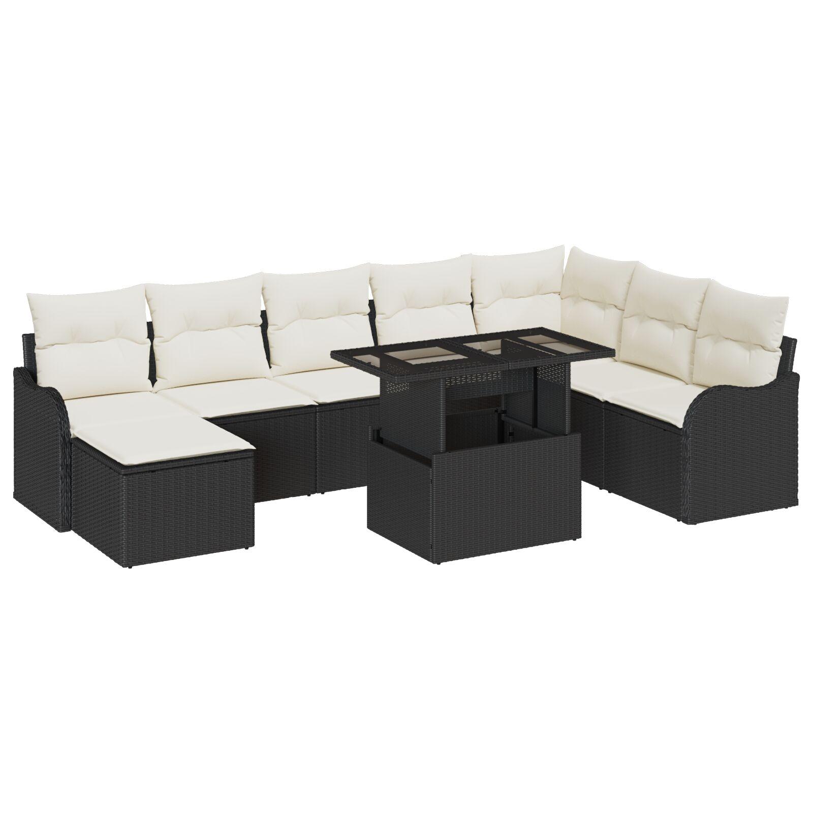 Havesofa Sæt med pude med opbevaring 9 stk Sort Poly rattan
