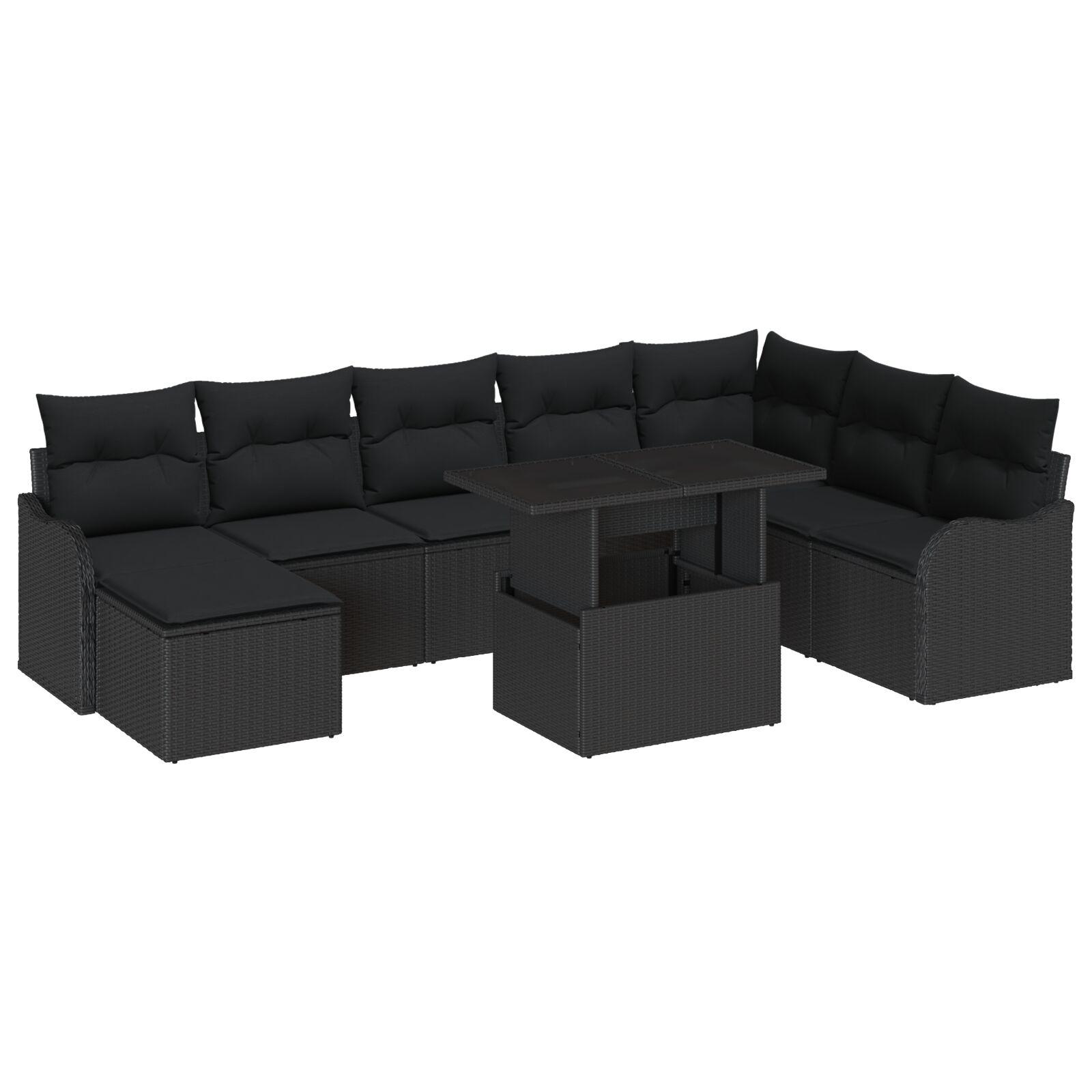 Havesofa Sæt med pude med opbevaring 9 stk Sort Poly rattan