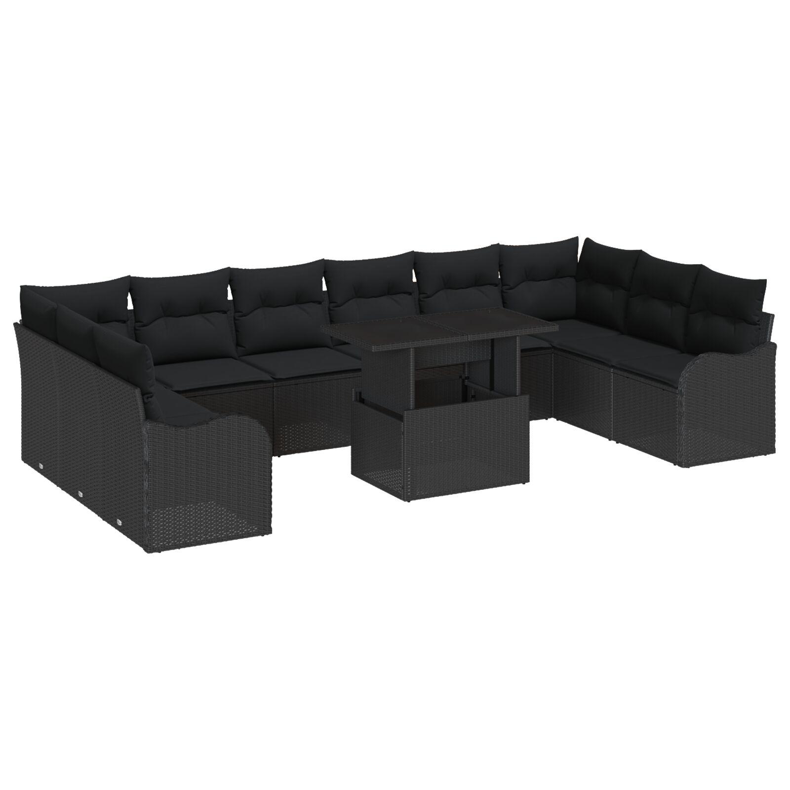 11 Stykke Have Sofa Sæt Med Puder Sort Poly Rattan 2-sæde Have Sofa Med Opbevaring & Puder Sort Poly Rattan