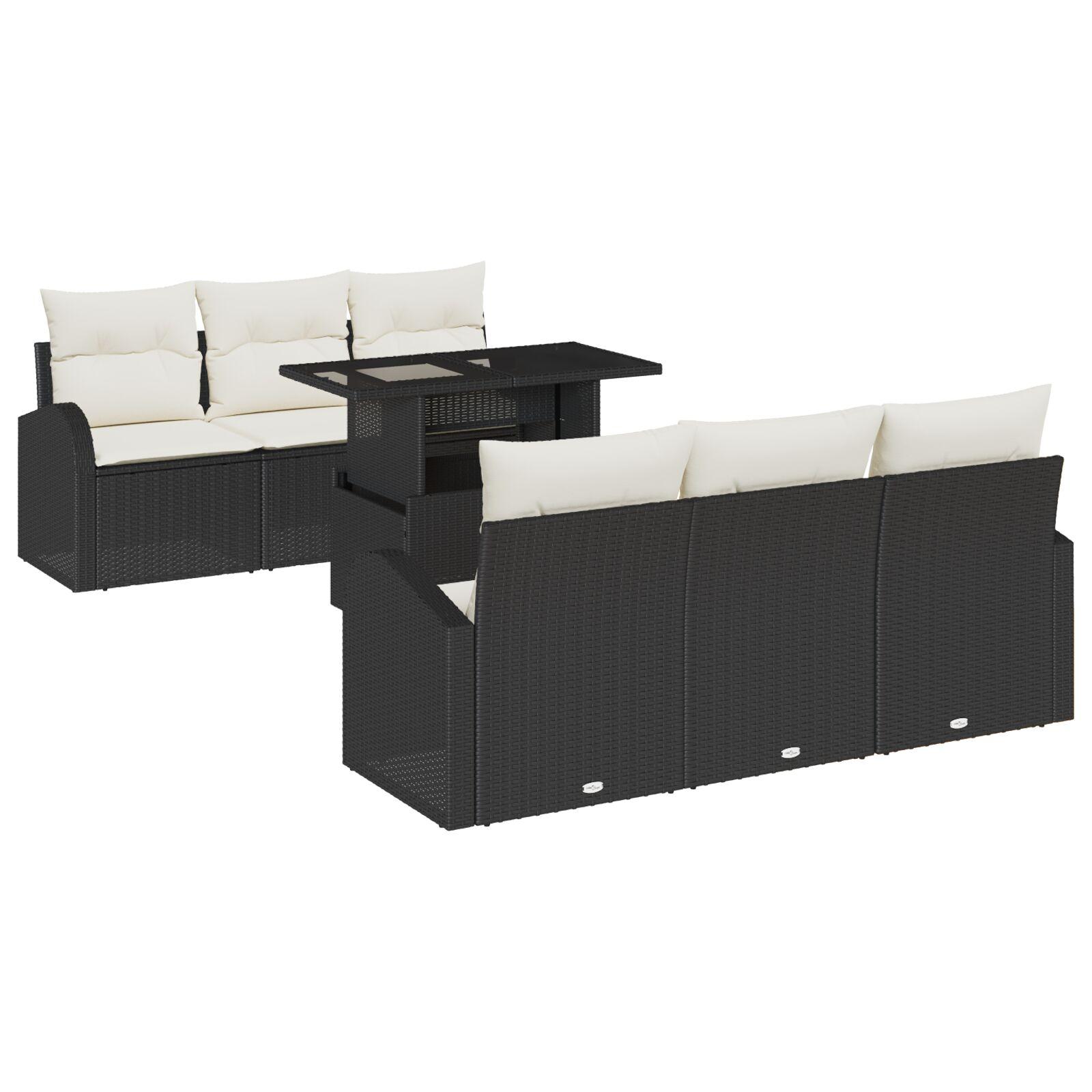 7 Dele Have Sofa Sæt Med Puder Sort Poly Rattan, 2-Sæders Have Sofa Med Opbevaring & Puder Sort Poly Rattan
