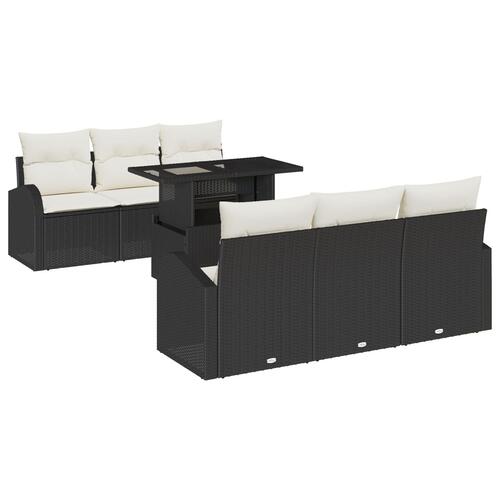 7 Dele Have Sofa Sæt Med Puder Sort Poly Rattan, 2-Sæders Have Sofa Med Opbevaring & Puder Sort Poly Rattan