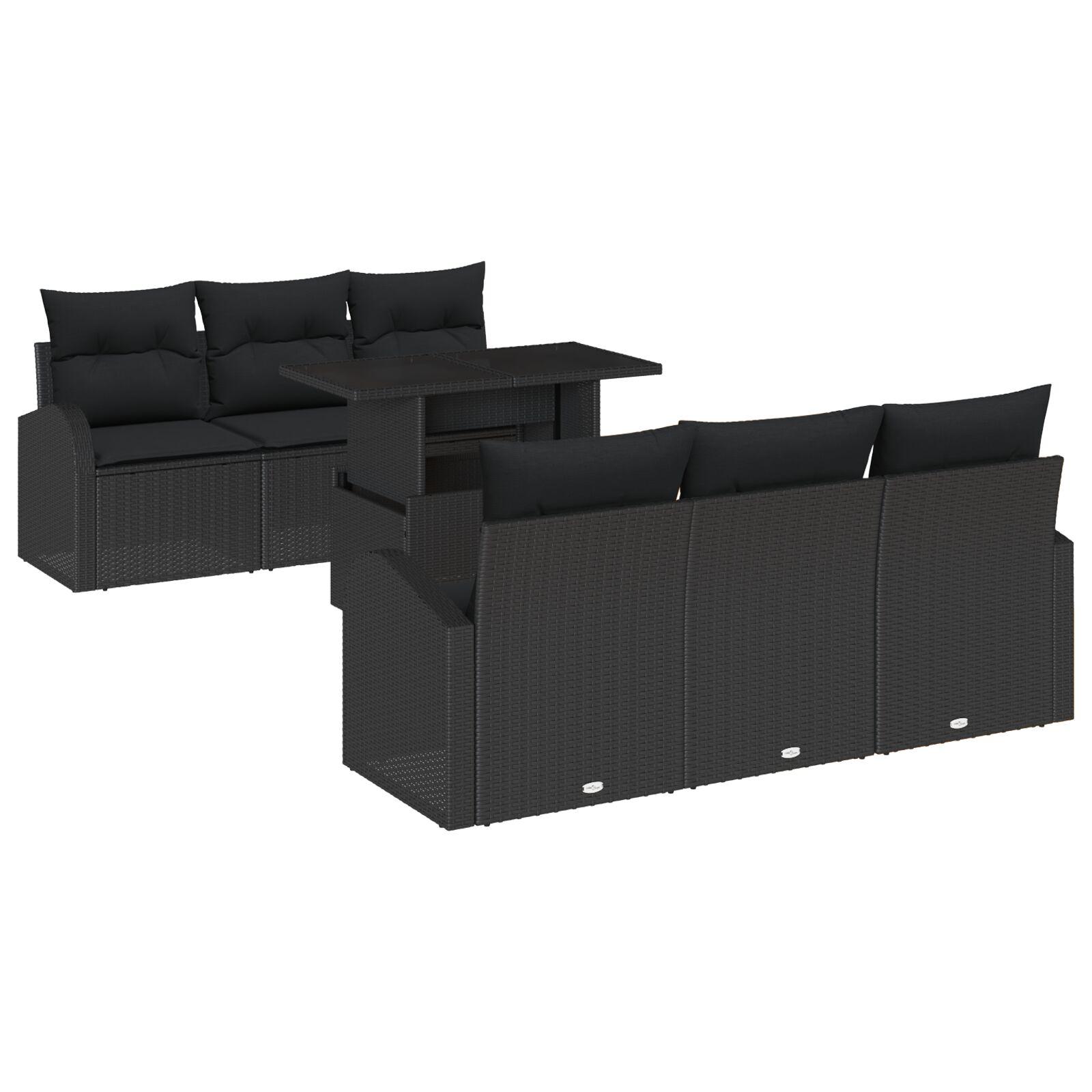 7 Stykker Havesofa Sæt med Puder Sort Poly Rattan, 2-personers Havesofa med Opbevaring & Puder Sort Poly Rattan