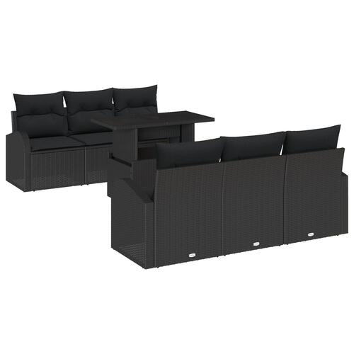 7 Stykker Havesofa Sæt med Puder Sort Poly Rattan, 2-personers Havesofa med Opbevaring & Puder Sort Poly Rattan