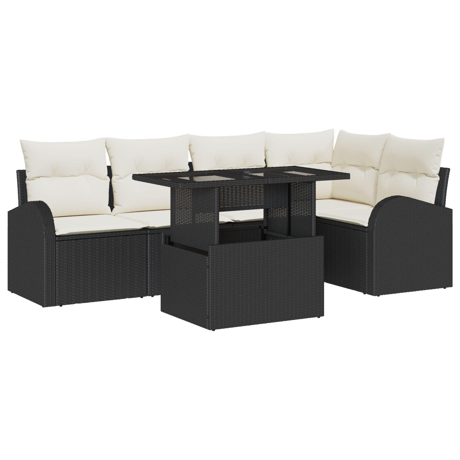 Havesofa Sæt med pude 6 stk Sort 100 x 55 x 73 cm Poly rattan