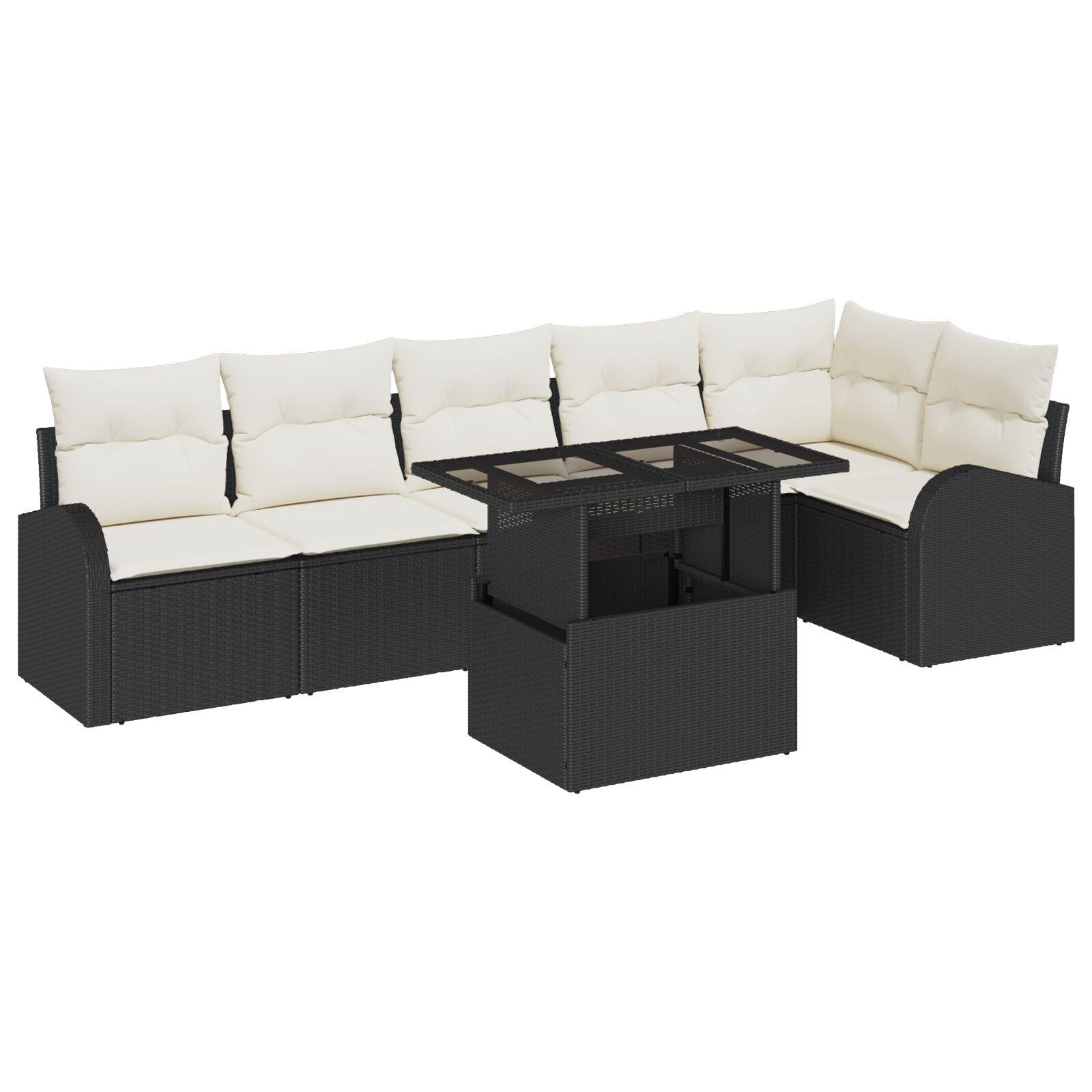 Havesofa Sæt med pude med opbevaring 7 pcs Sort Poly rattan