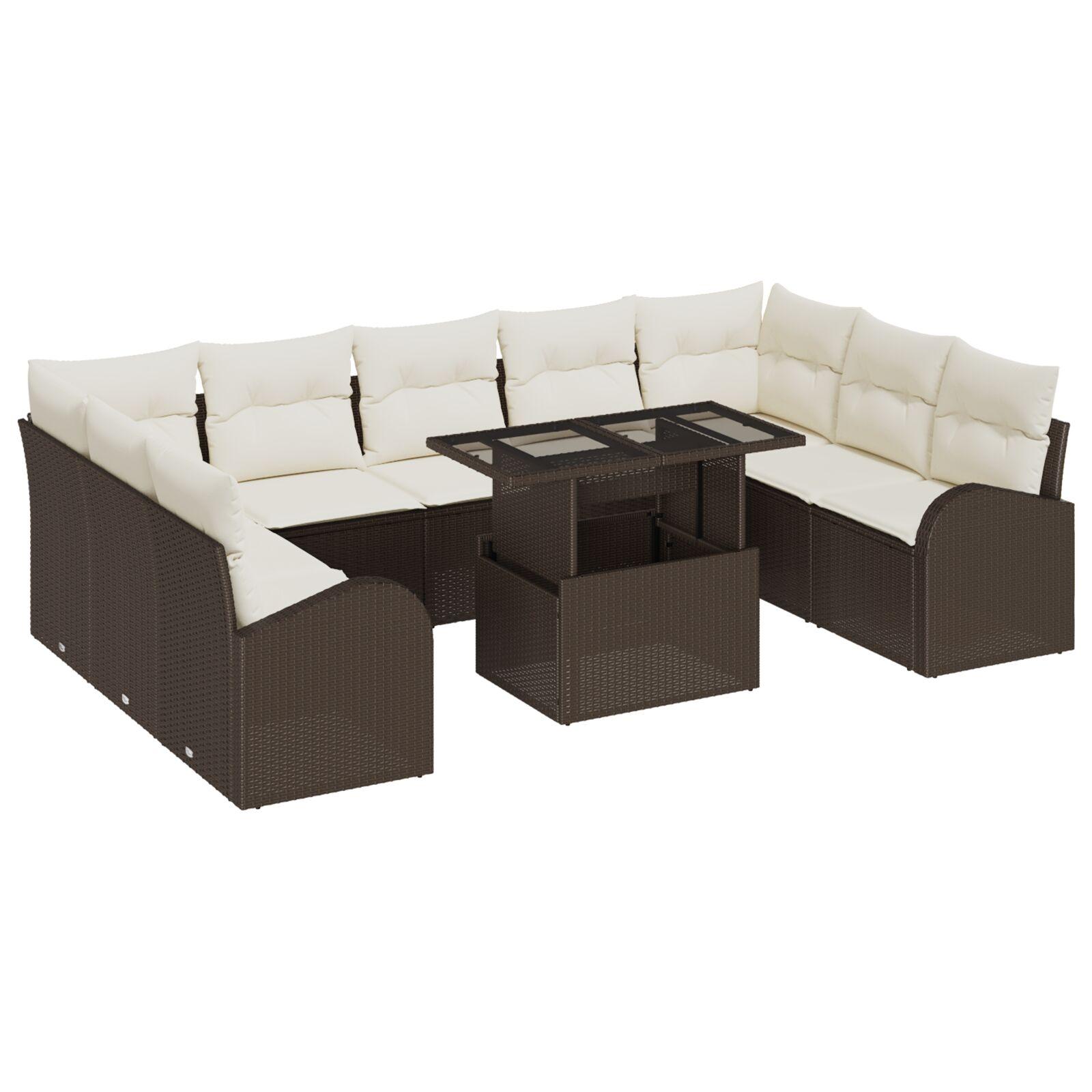 10-delers Have Sovesofa Sæt Med Puder Brun Poly Rattan 2-personers Have Sofa Med Opbevaring & Puder Brun Poly Rattan