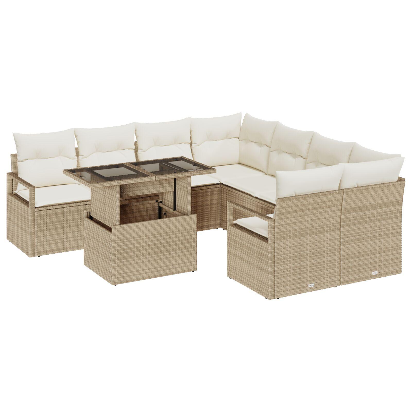 9 Stykker Have Sofa Sæt med Puder Beige Poly Rattan, 2-Sæders Have Sofa med Opbevaring & Puder Beige Poly Rattan