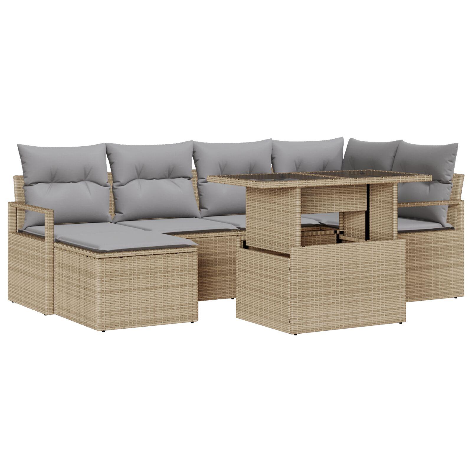 7 Stykke Have Sofasæt med Puder Beige Poly Rattan, 2-sæders Have Sofa med Opbevaring&Puder Beige Poly Rattan