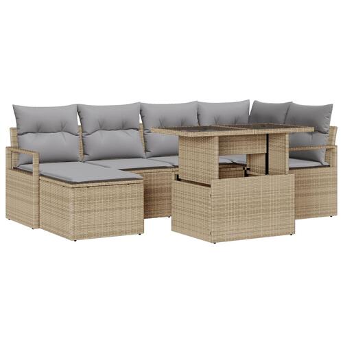 7 Stykke Have Sofasæt med Puder Beige Poly Rattan, 2-sæders Have Sofa med Opbevaring&Puder Beige Poly Rattan